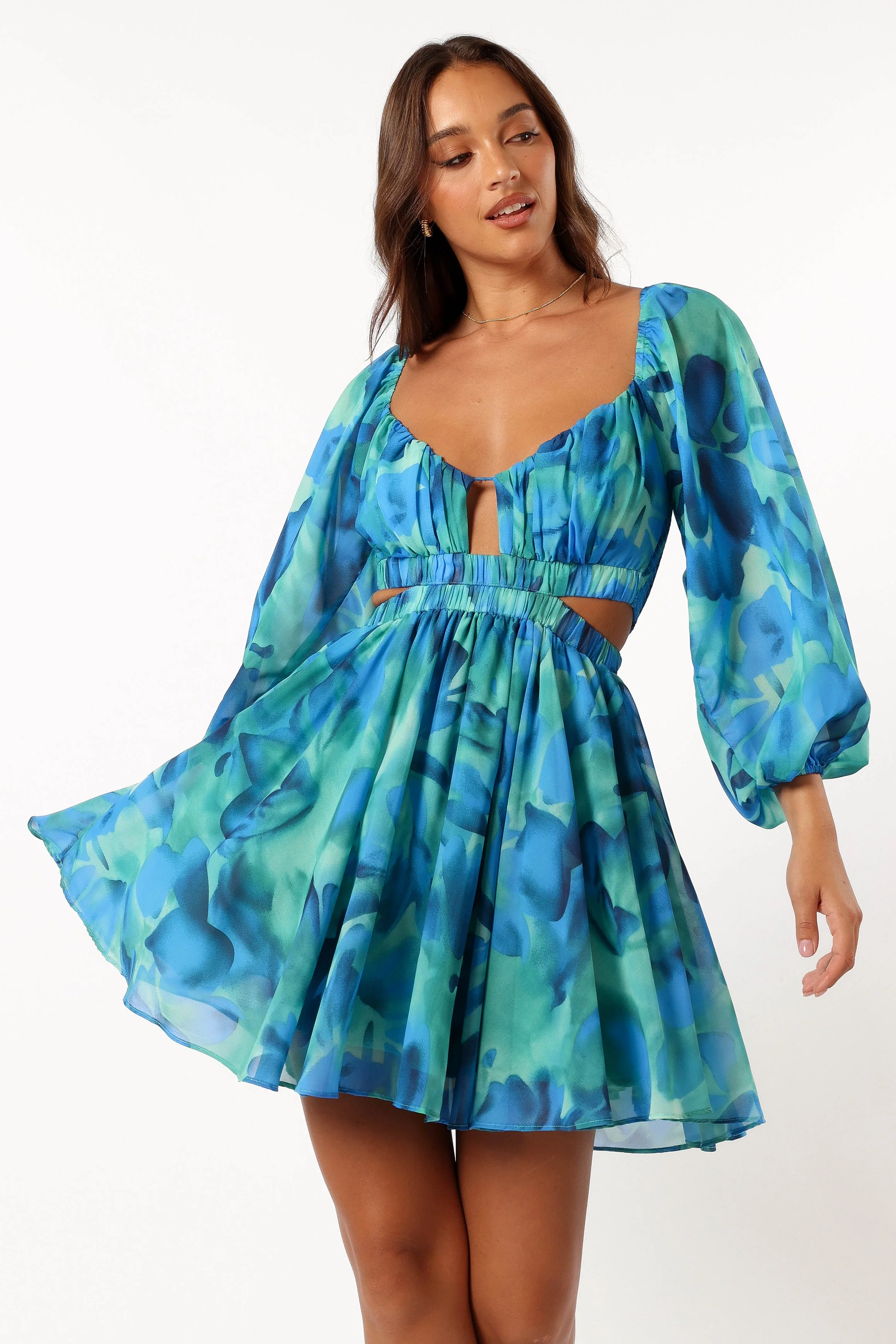 Katniss Long Sleeve Mini Dress - Blue Floral
