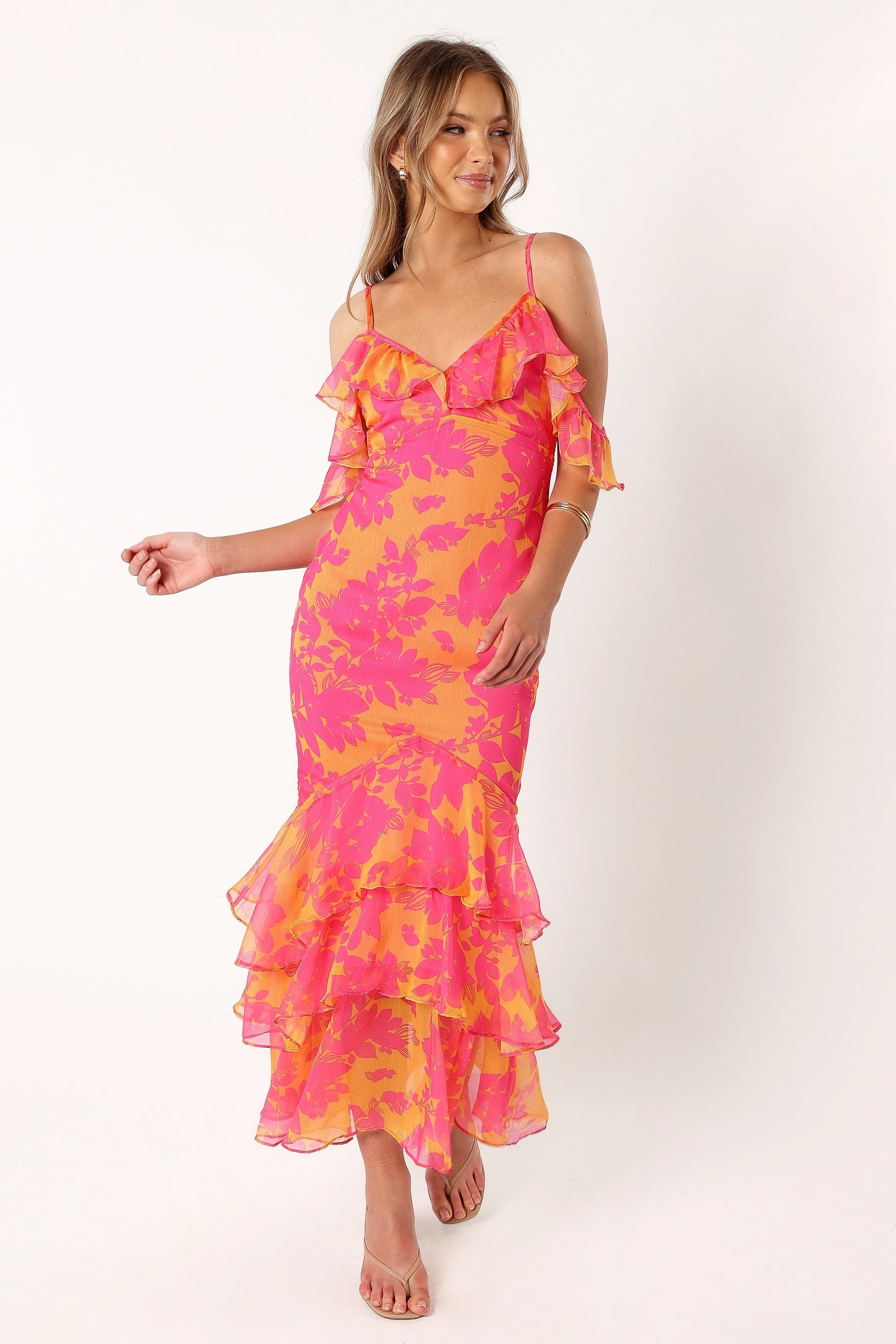 Leon Tiered Midi Dress - Pink Orange