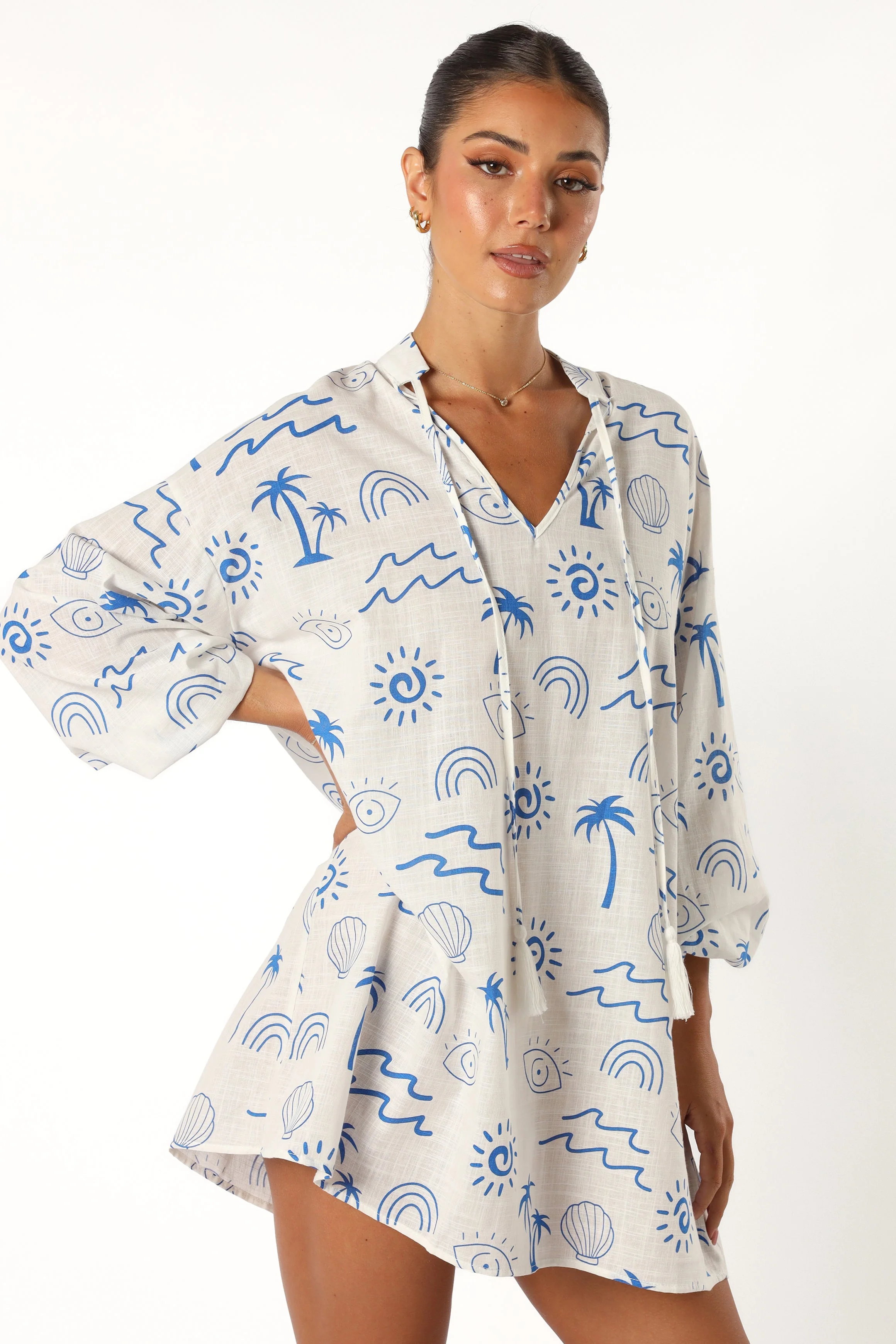 Laila Long Sleeve Linen Mini Dress - White Blue