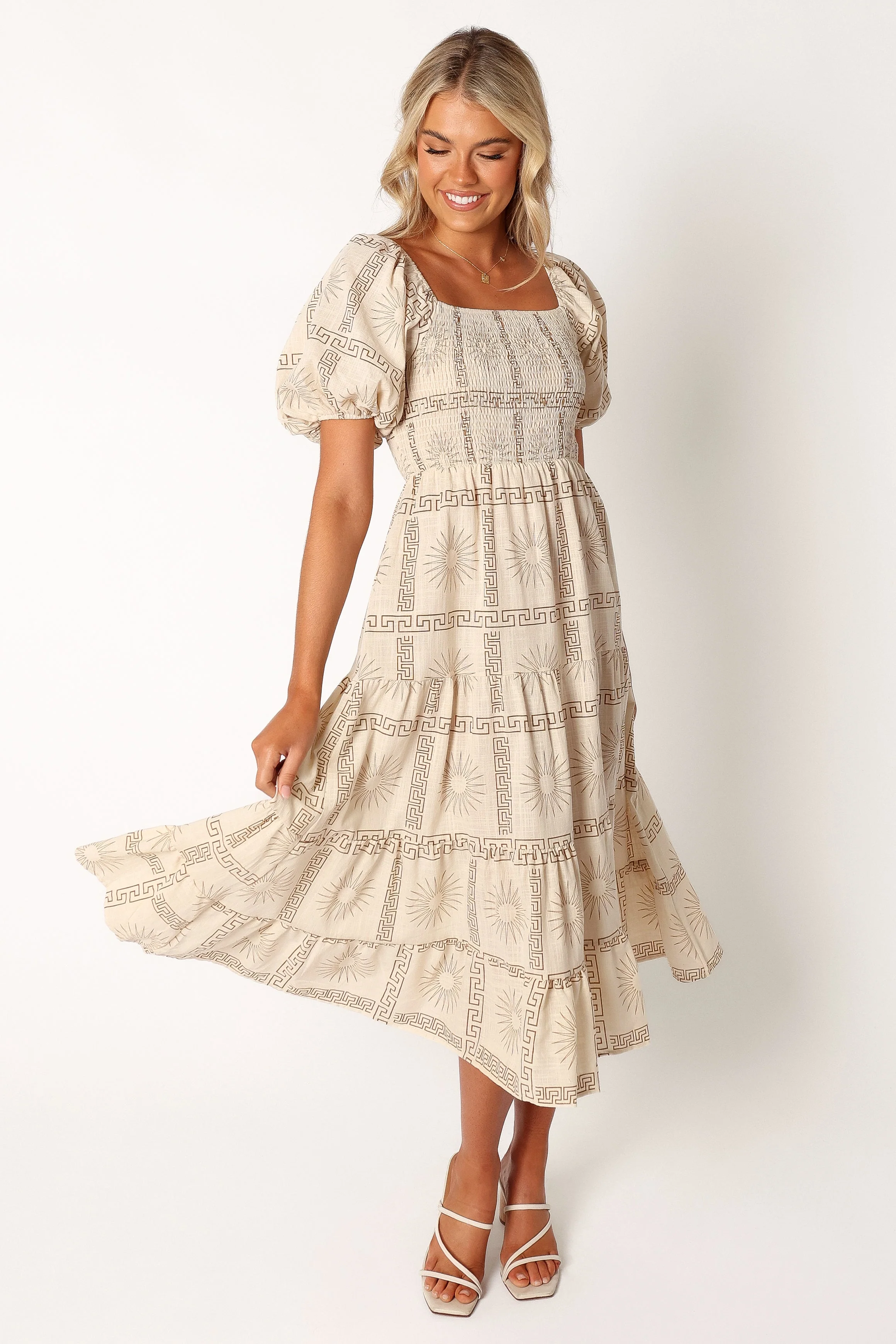 Soliel Puff Sleeve Midi Dress - White Tan