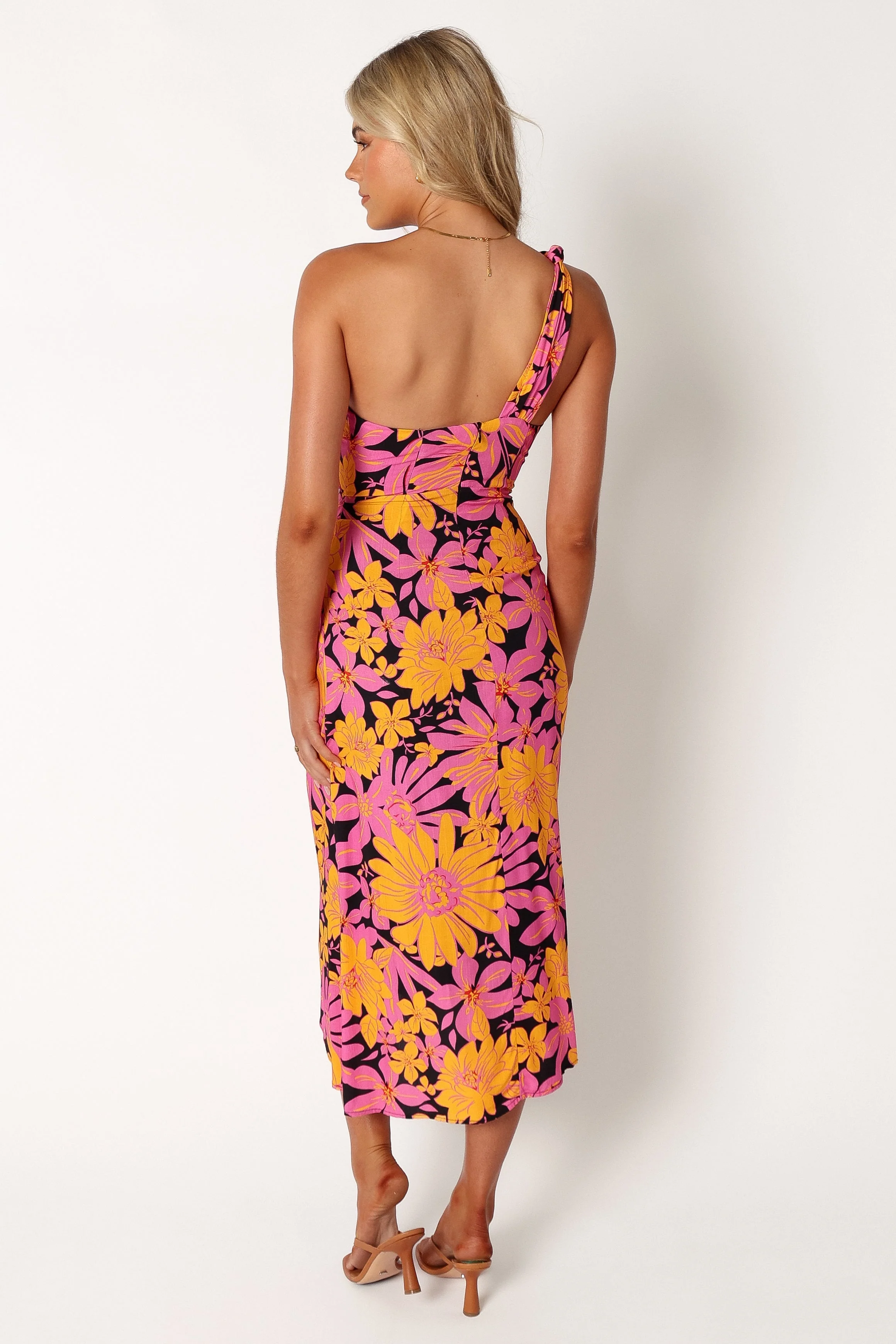 Clara One Shoulder Midi Dress - Black Floral