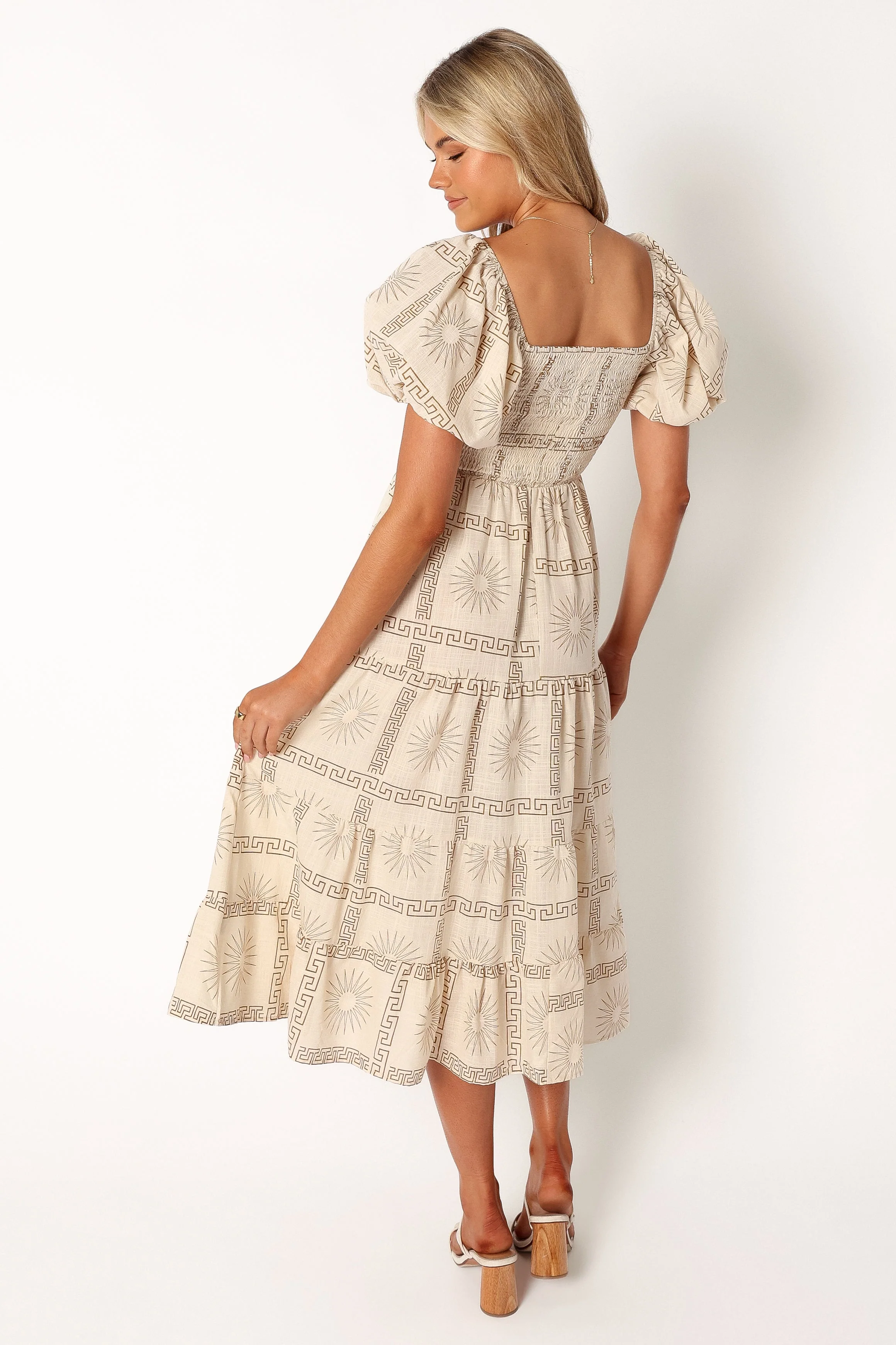 Soliel Puff Sleeve Midi Dress - White Tan