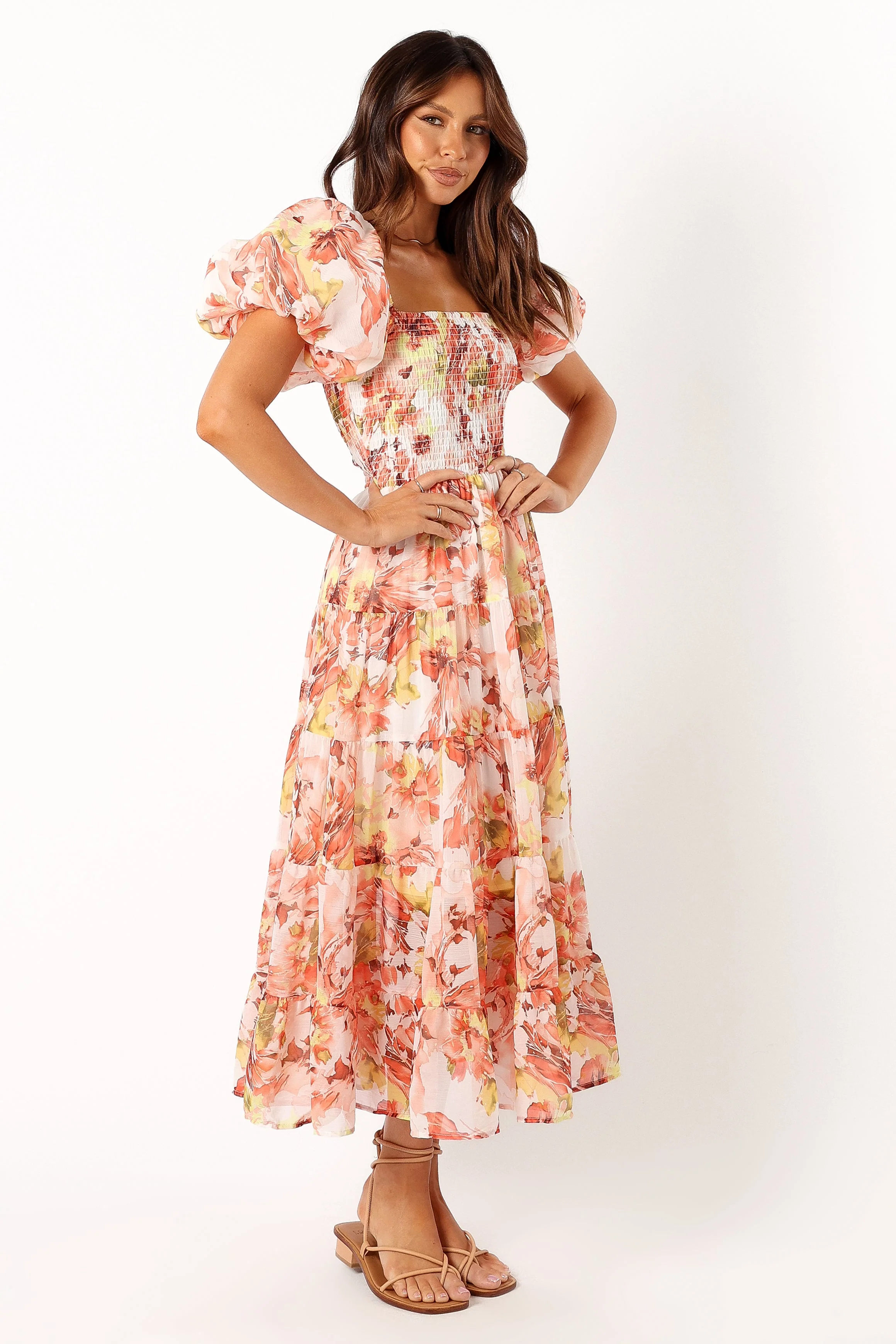 Jolie Puff Sleeve Midi Dress - Coral