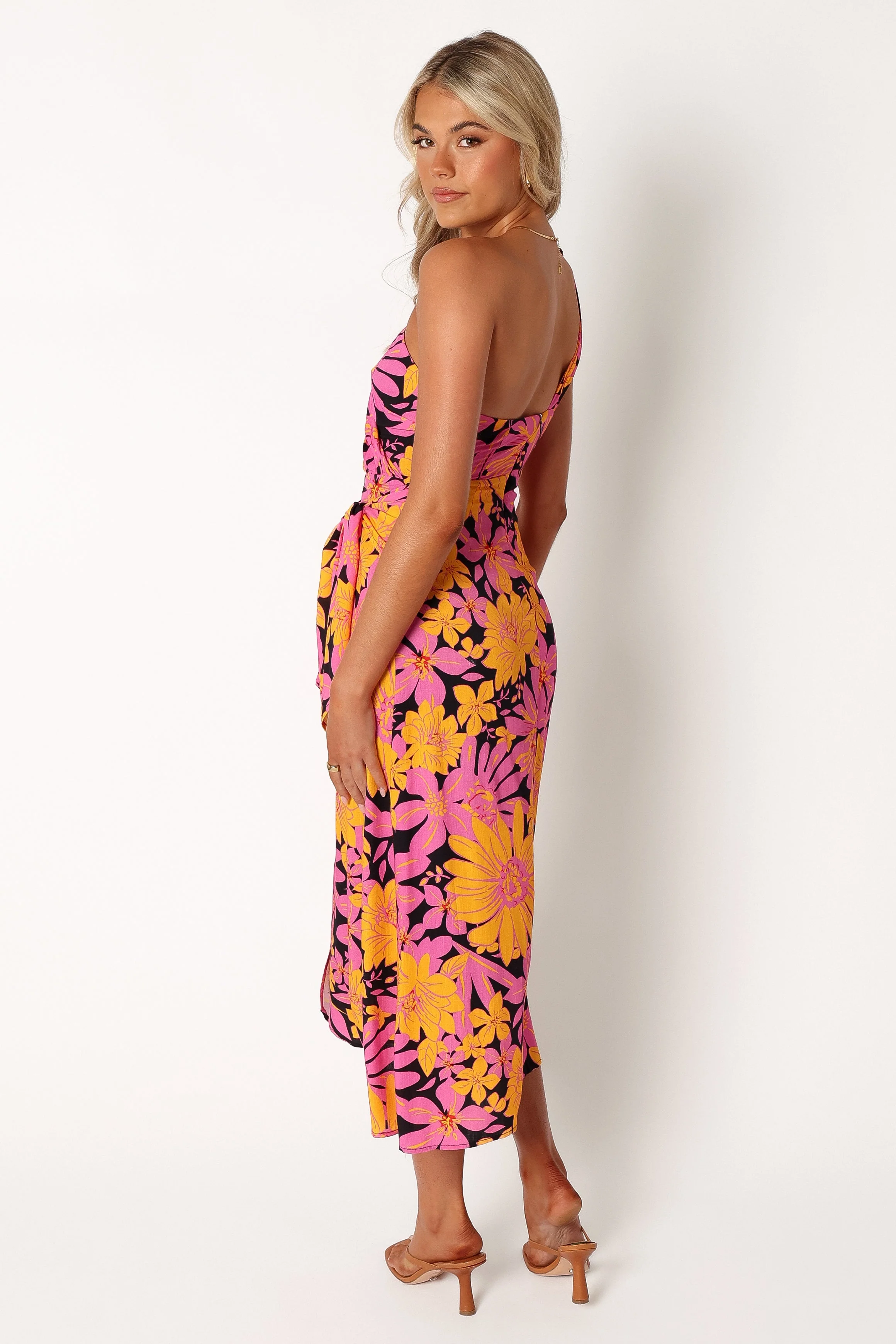 Clara One Shoulder Midi Dress - Black Floral