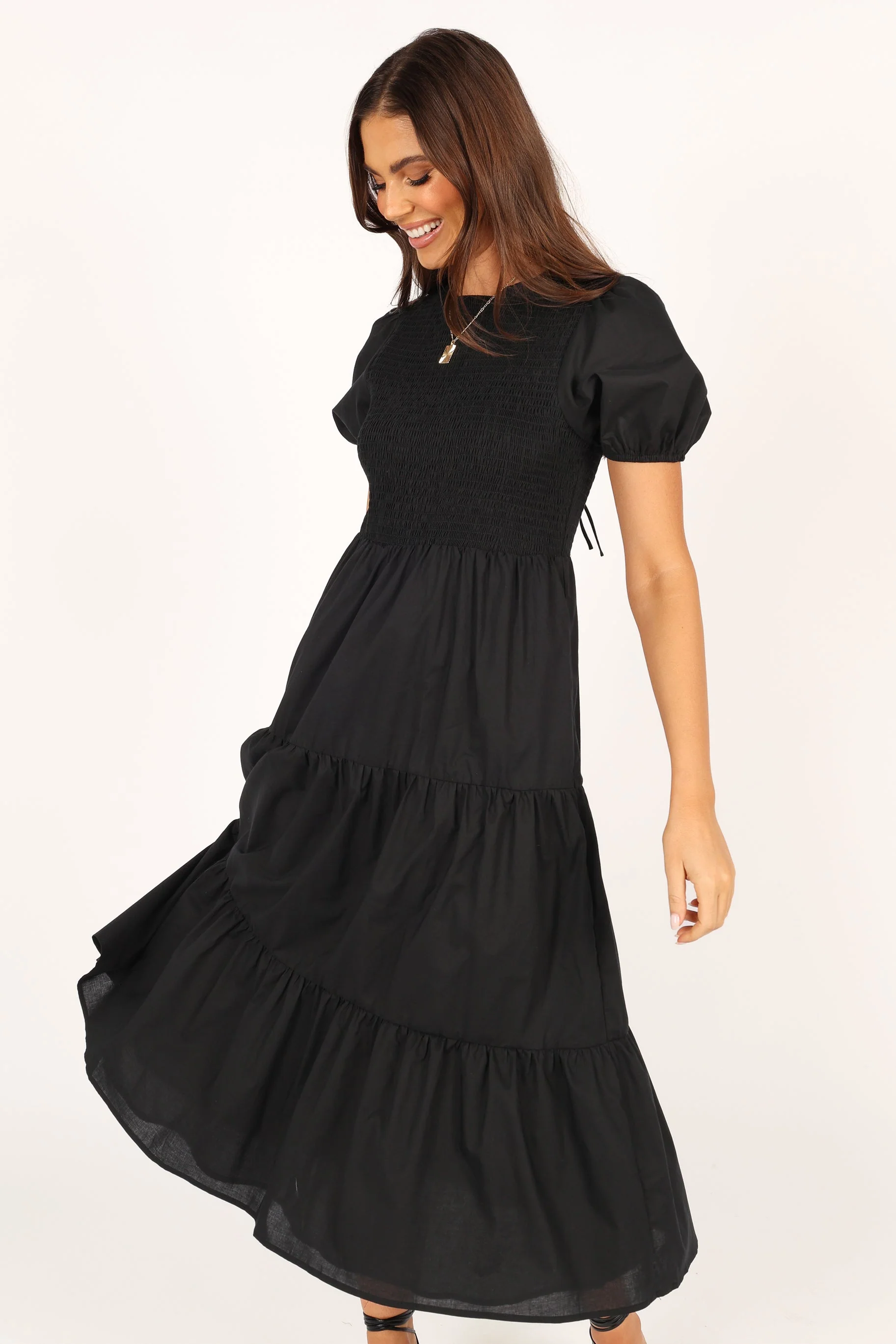 Naura Shirred Tiered Midi Dress - Black