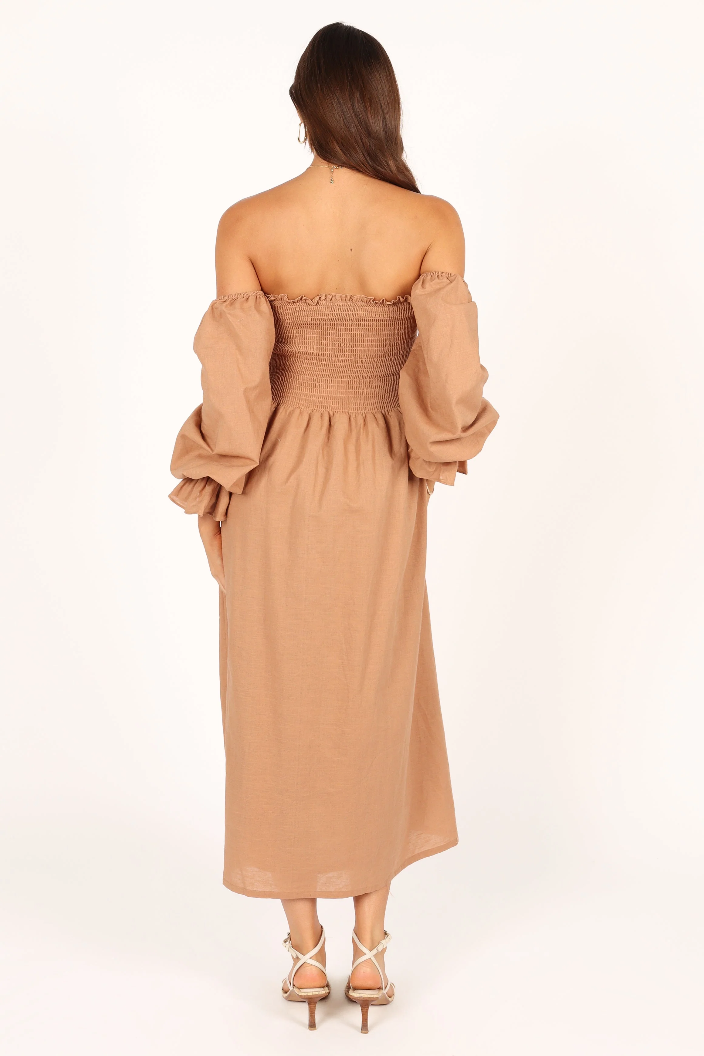 Domenica Shirred Long Sleeve Midi Dress - Tan