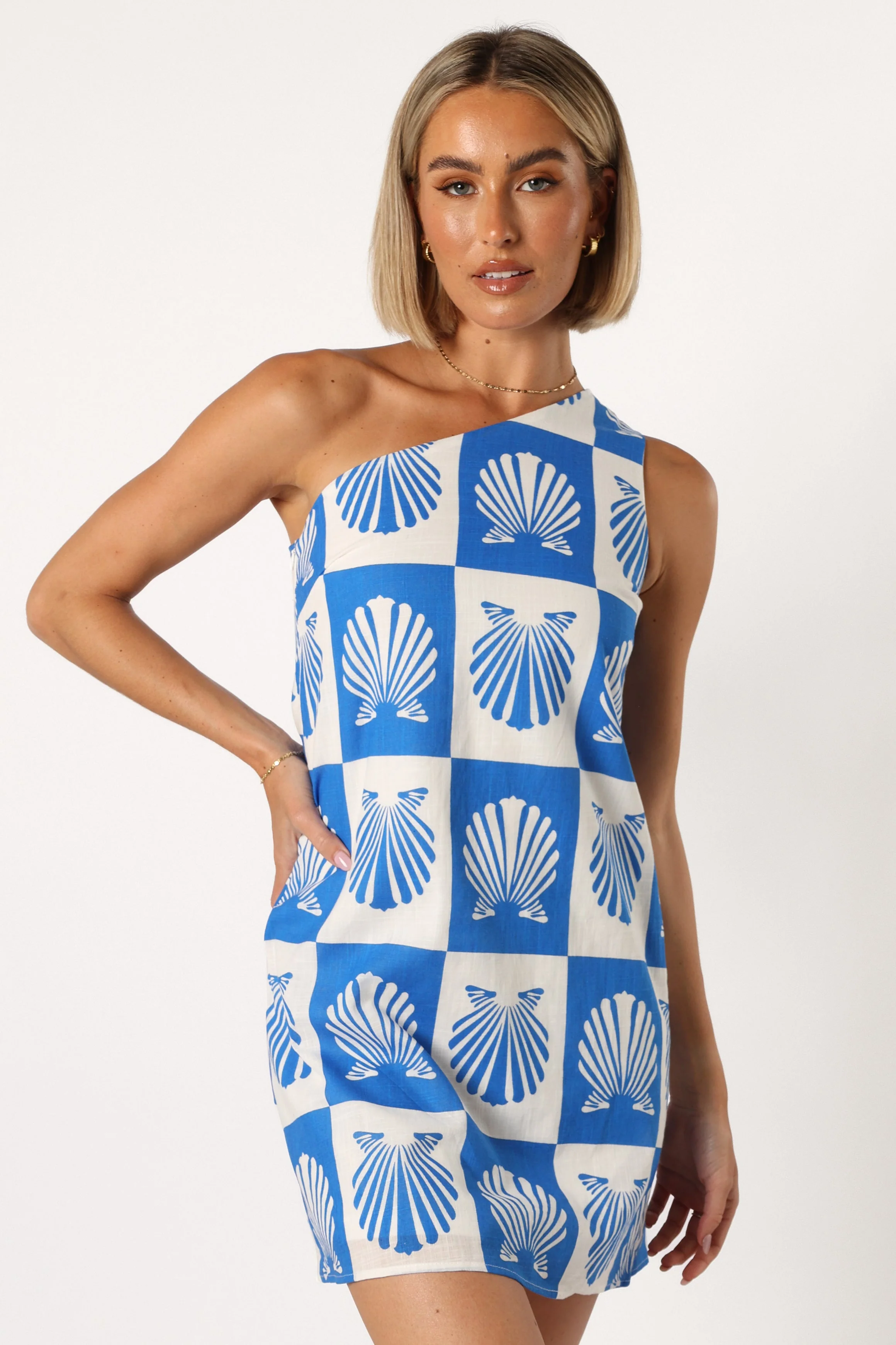 Matteo One Shoulder Mini Dress - Blue Print