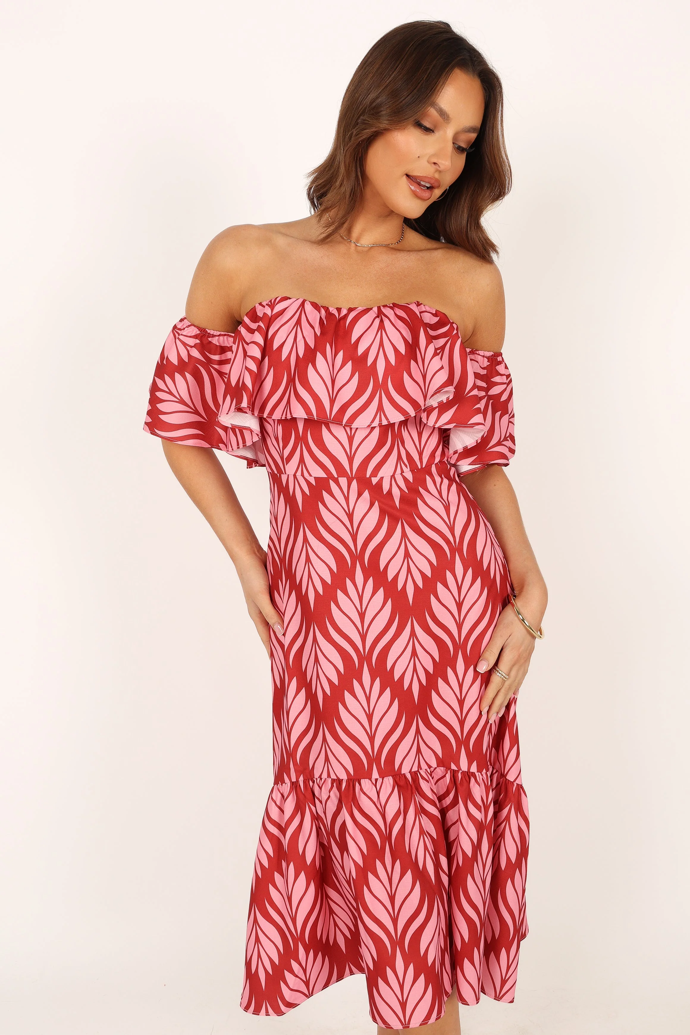 Neoma Strapless Midi Dress - Red Palm Print