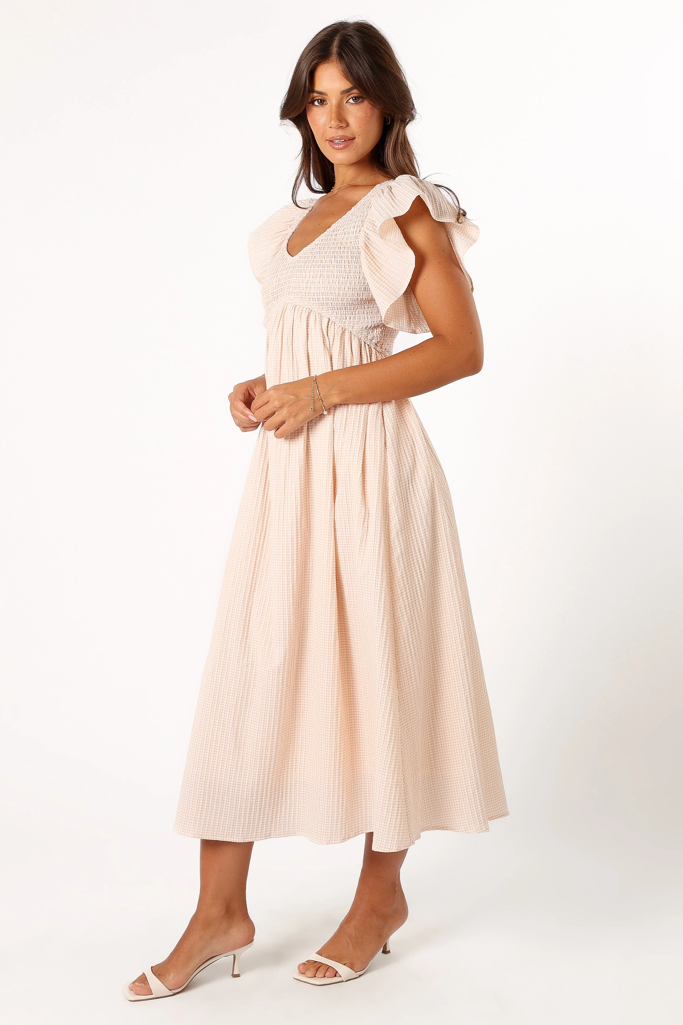 Farley Flutter Sleeve Midi Dress - Tan Gingham