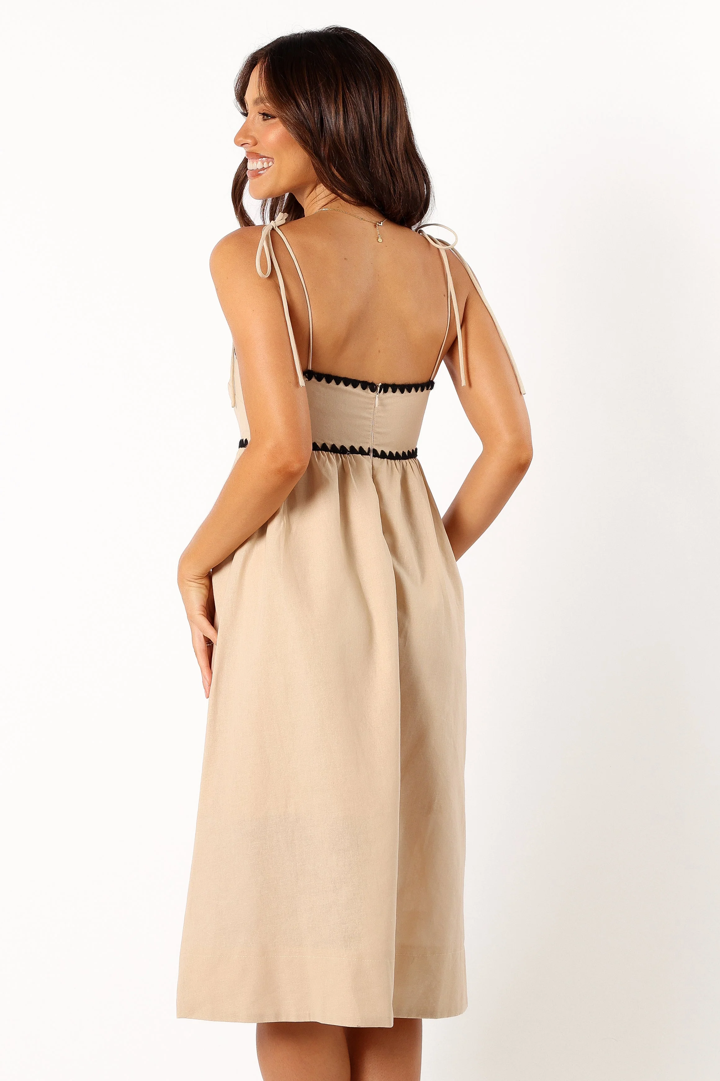 Lino Contrast Trim Midi Dress - Cream Black