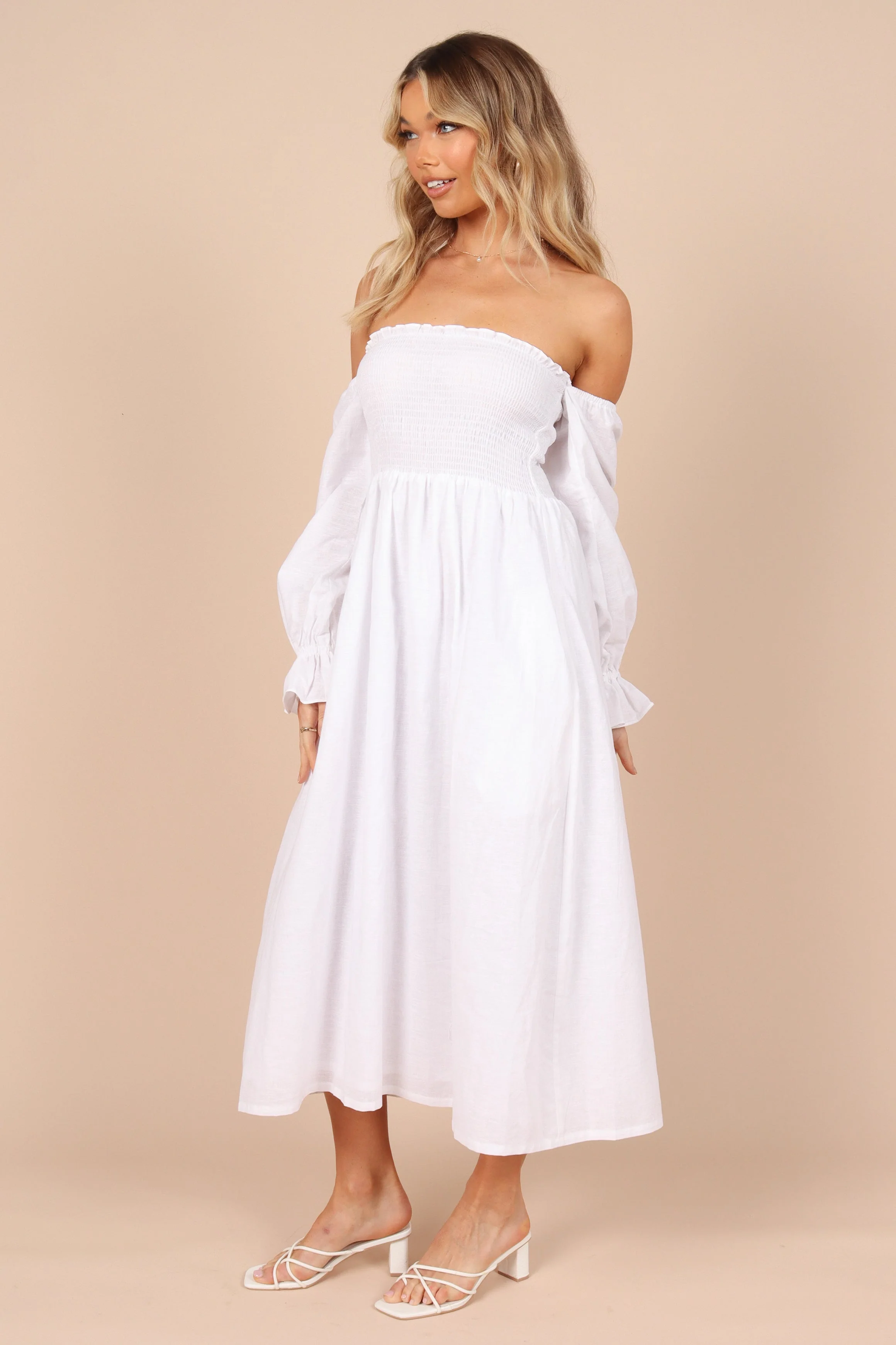 Domenica Shirred Long Sleeve Midi Dress - White