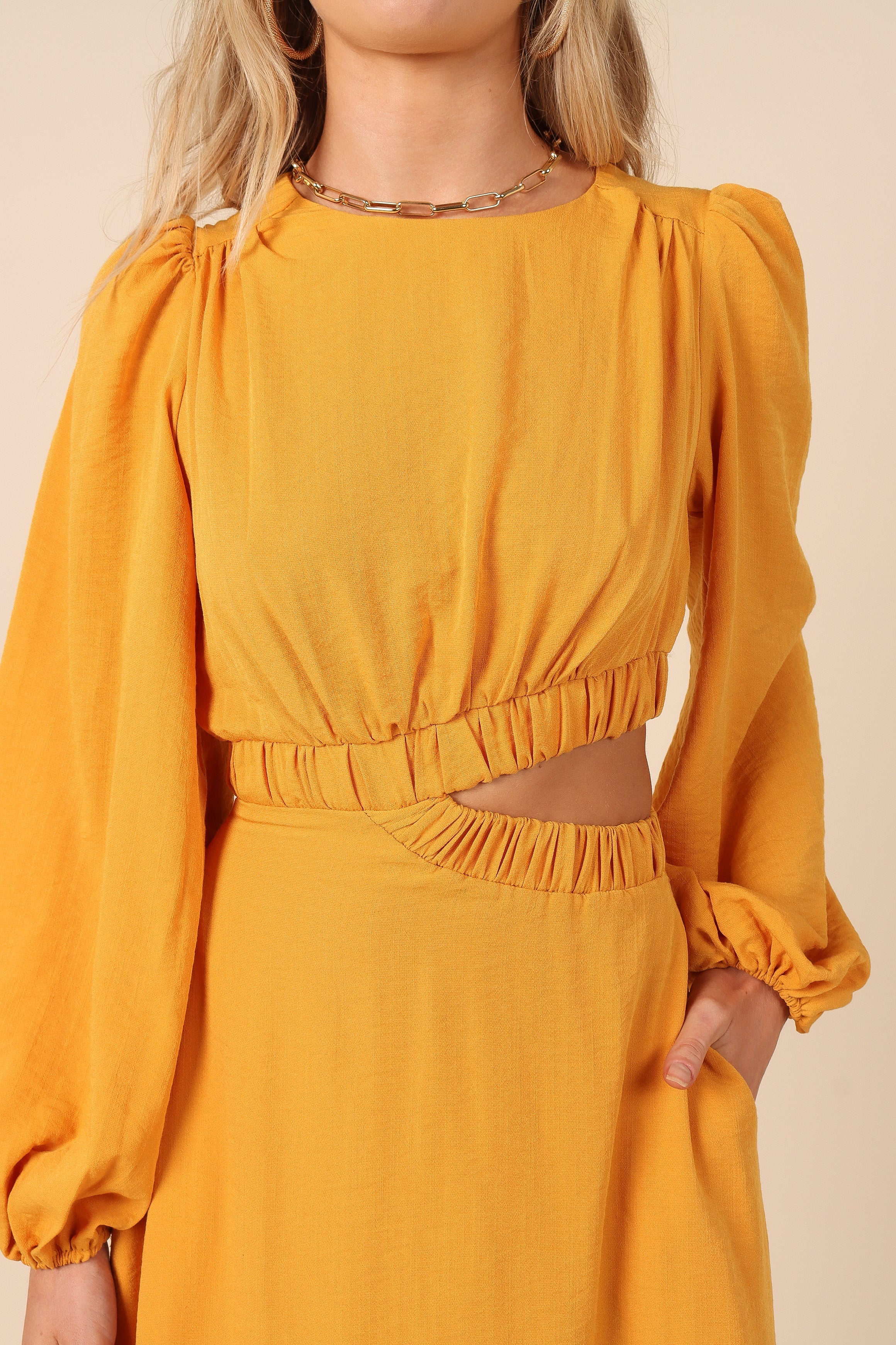 Ginnee Puff Sleeve Cutout Midi Dress - Mustard