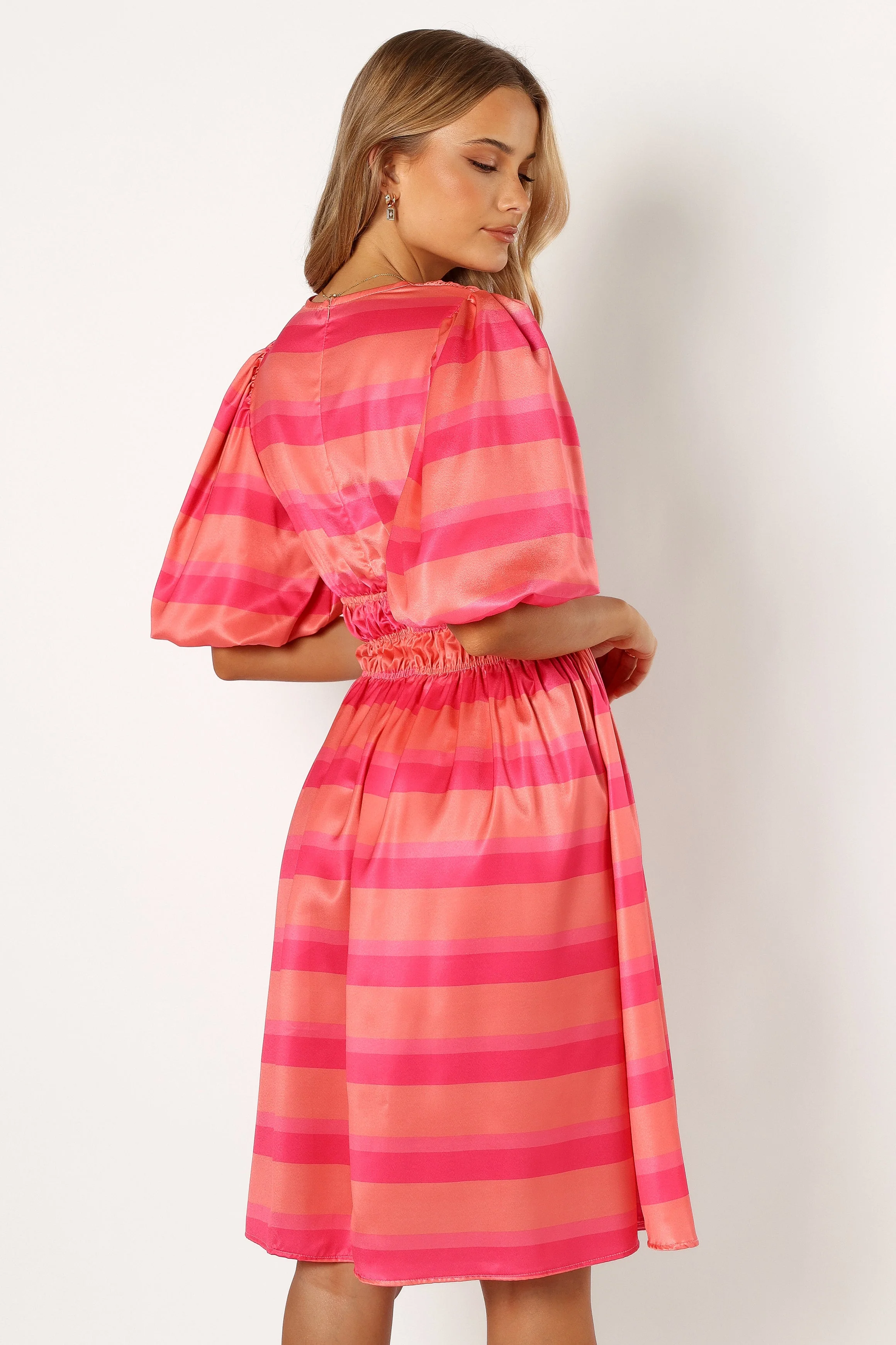 Lennon Puff Sleeve Midi Dress - Pink Orange