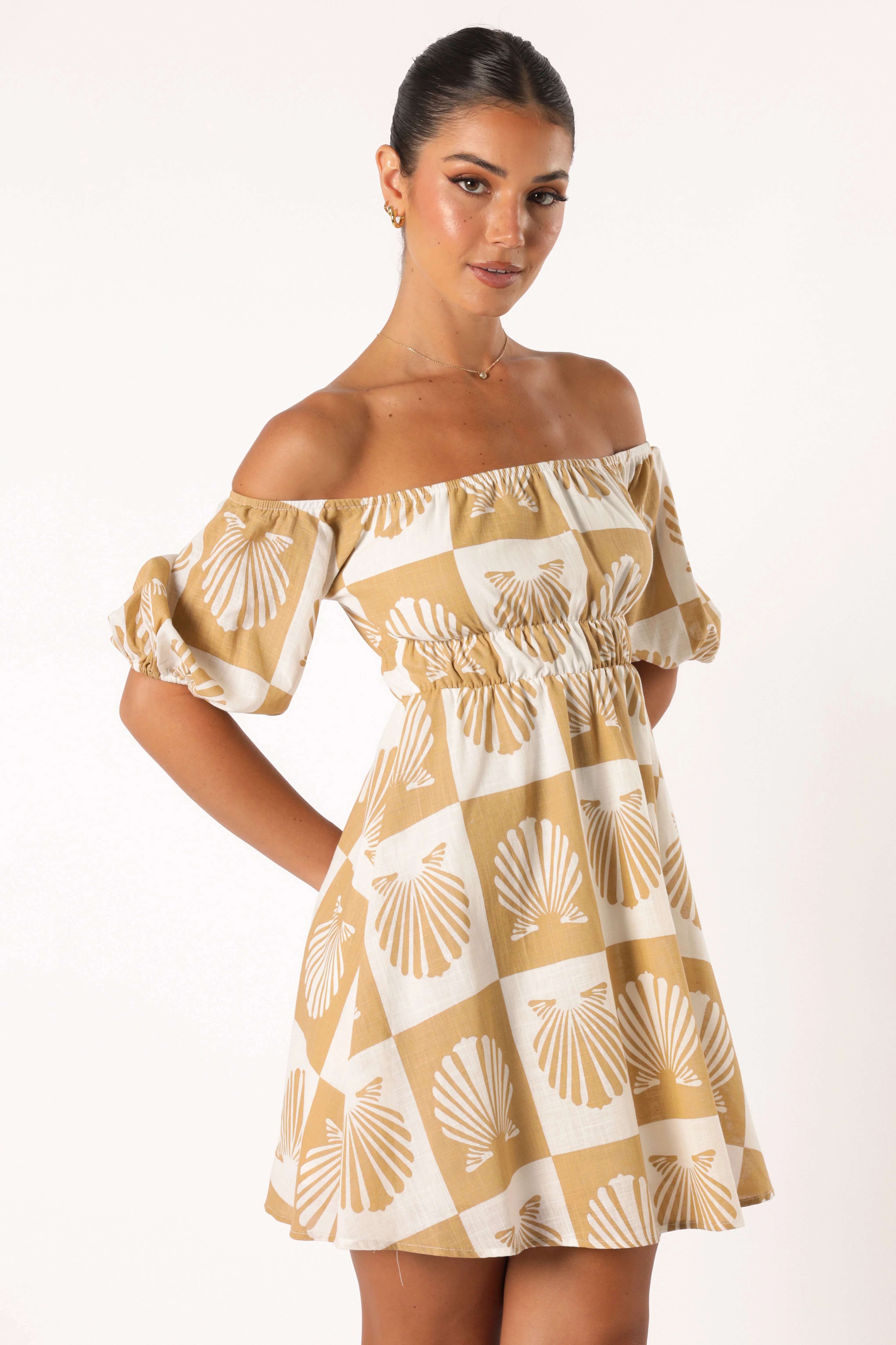 Rocco Off Shoulder Mini Dress - Tan