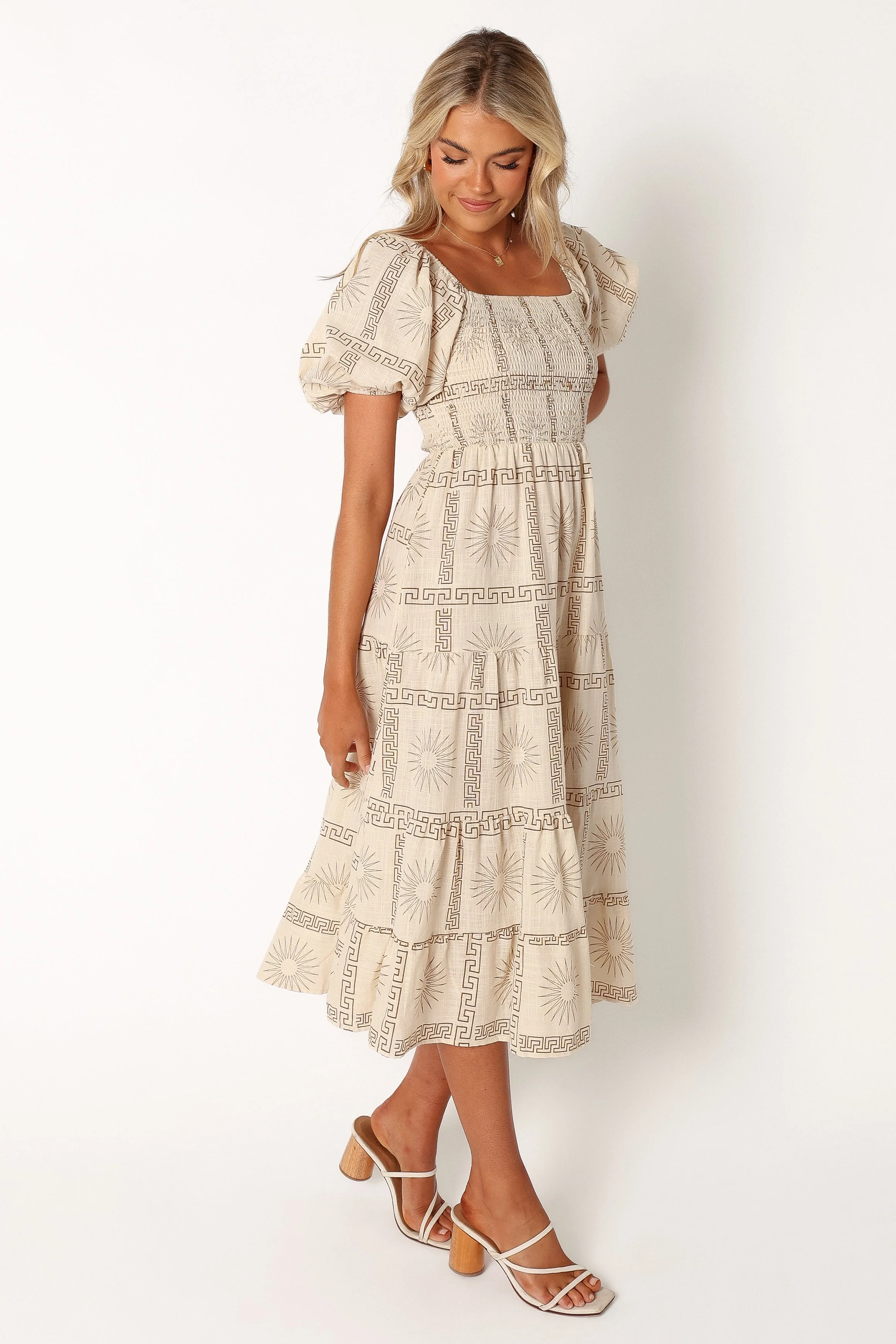 Soliel Puff Sleeve Midi Dress - White Tan