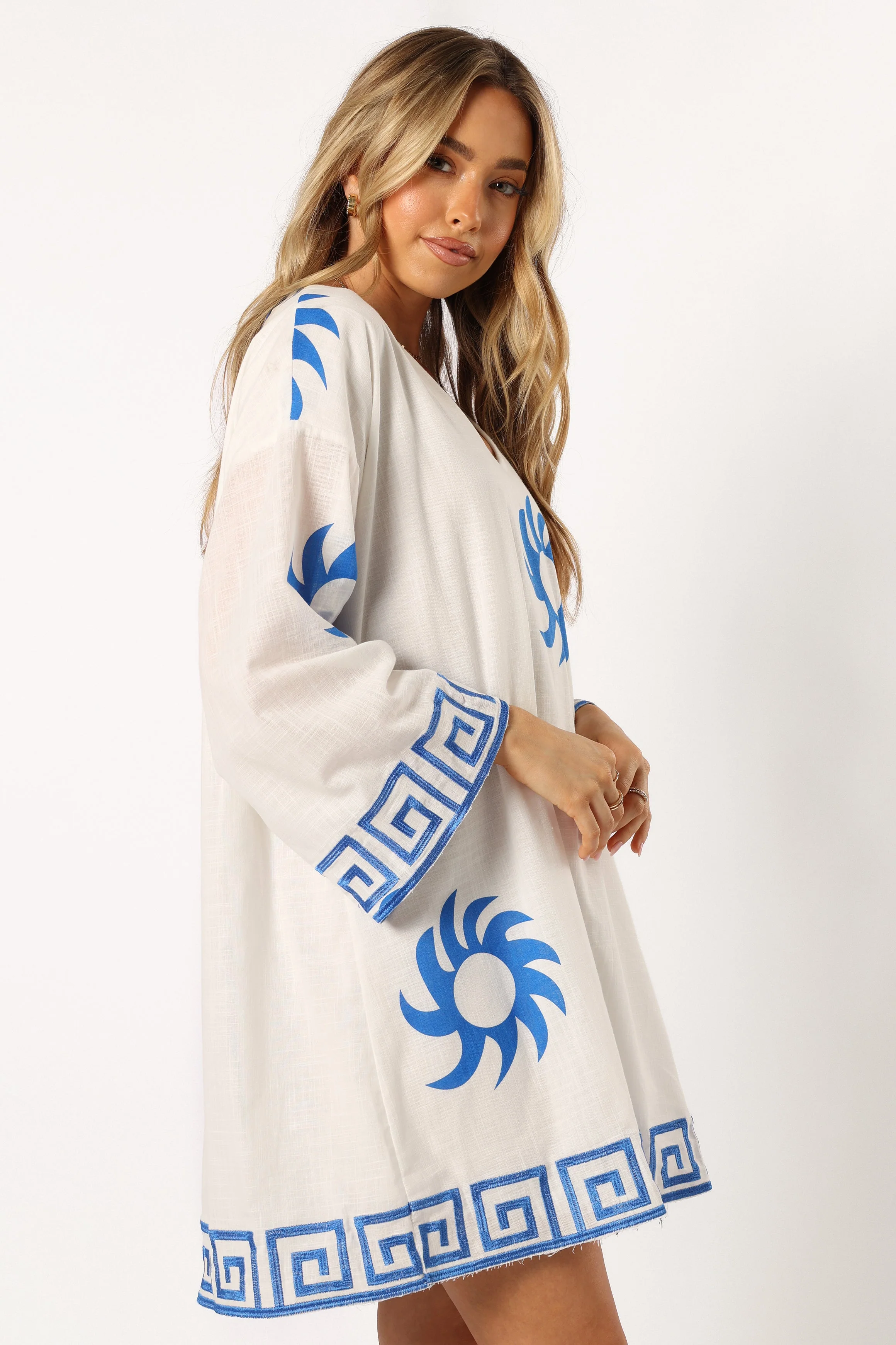 Bondi Long Sleeve Linen Mini Dress - White Blue