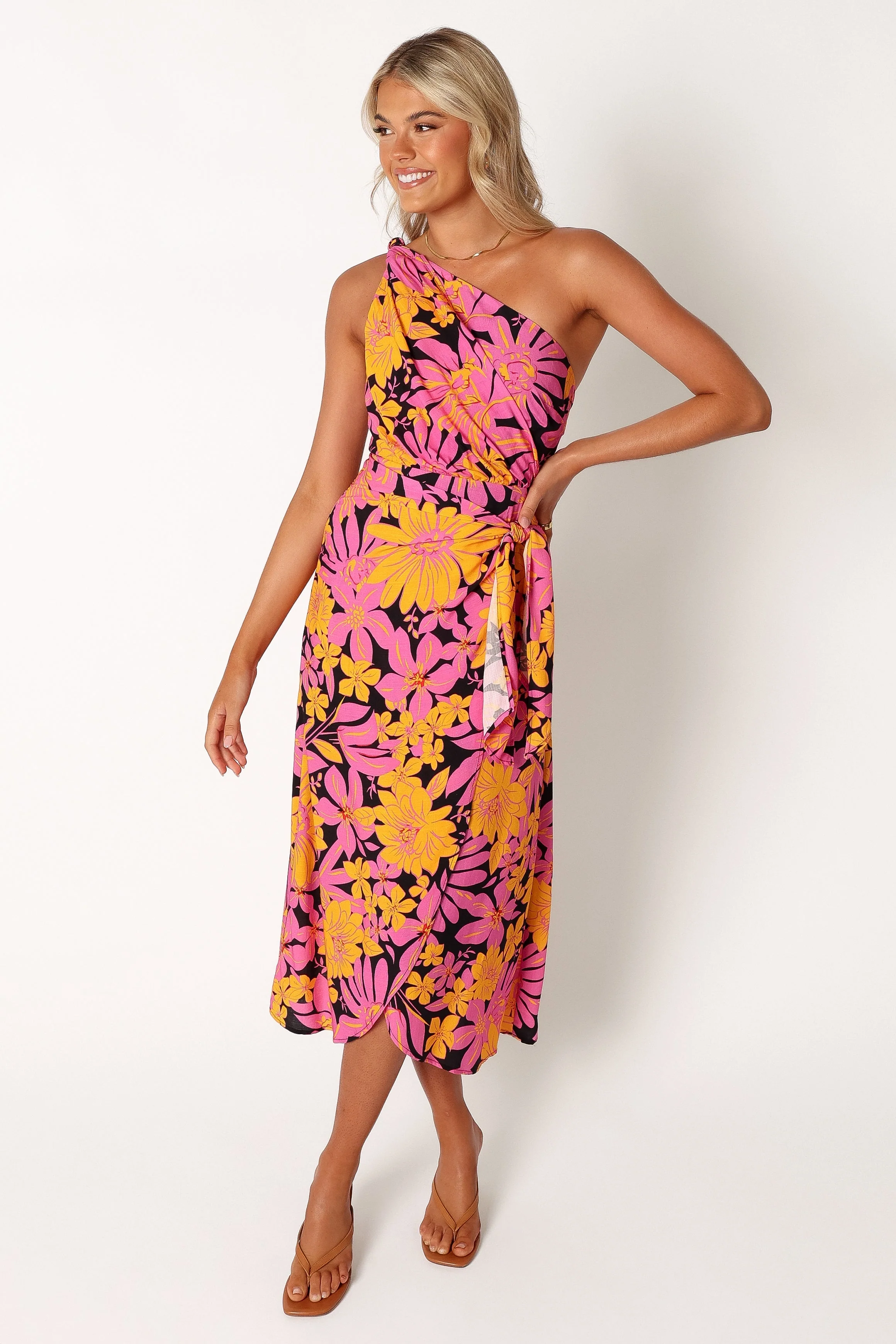 Clara One Shoulder Midi Dress - Black Floral