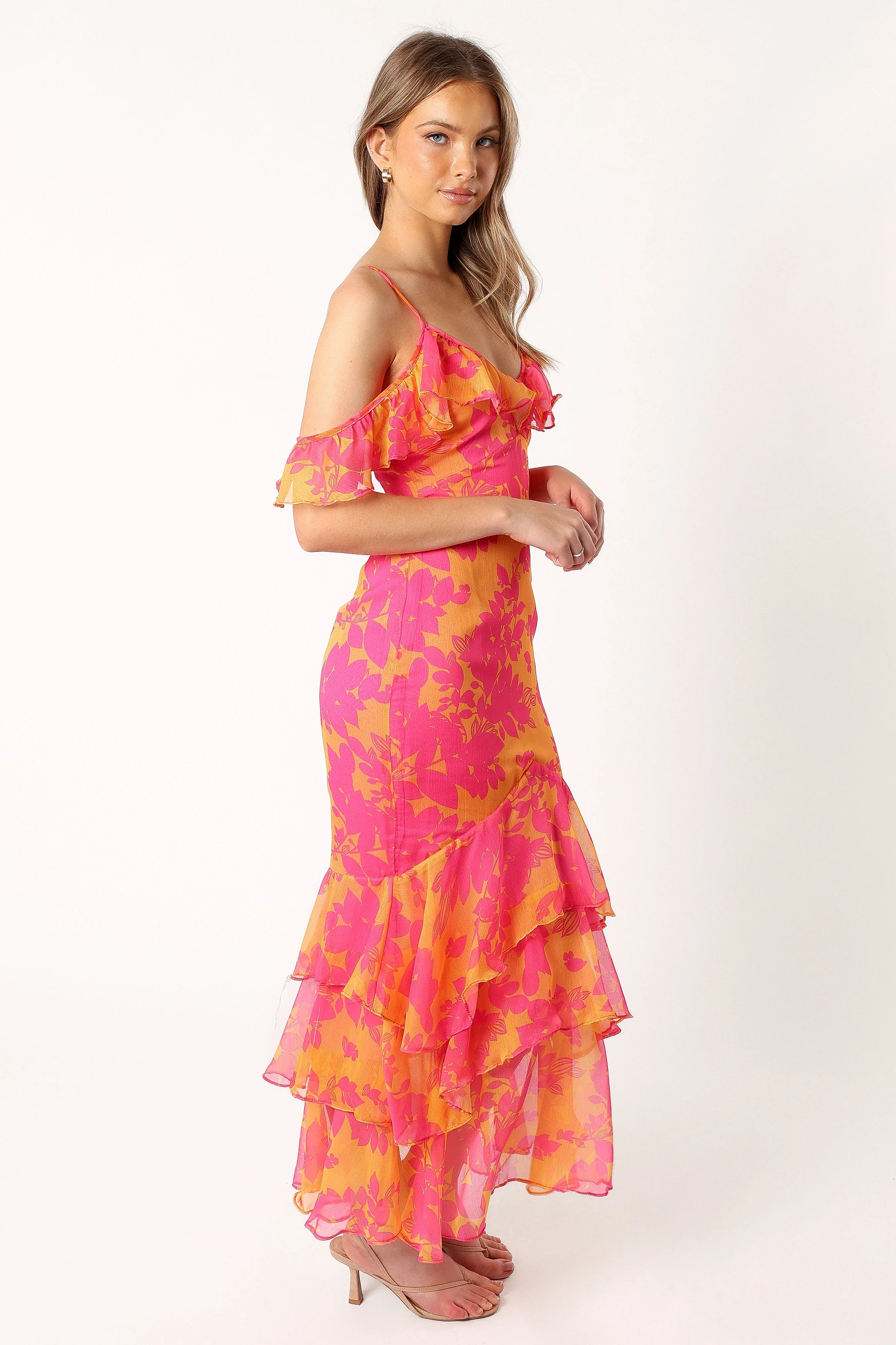 Leon Tiered Midi Dress - Pink Orange