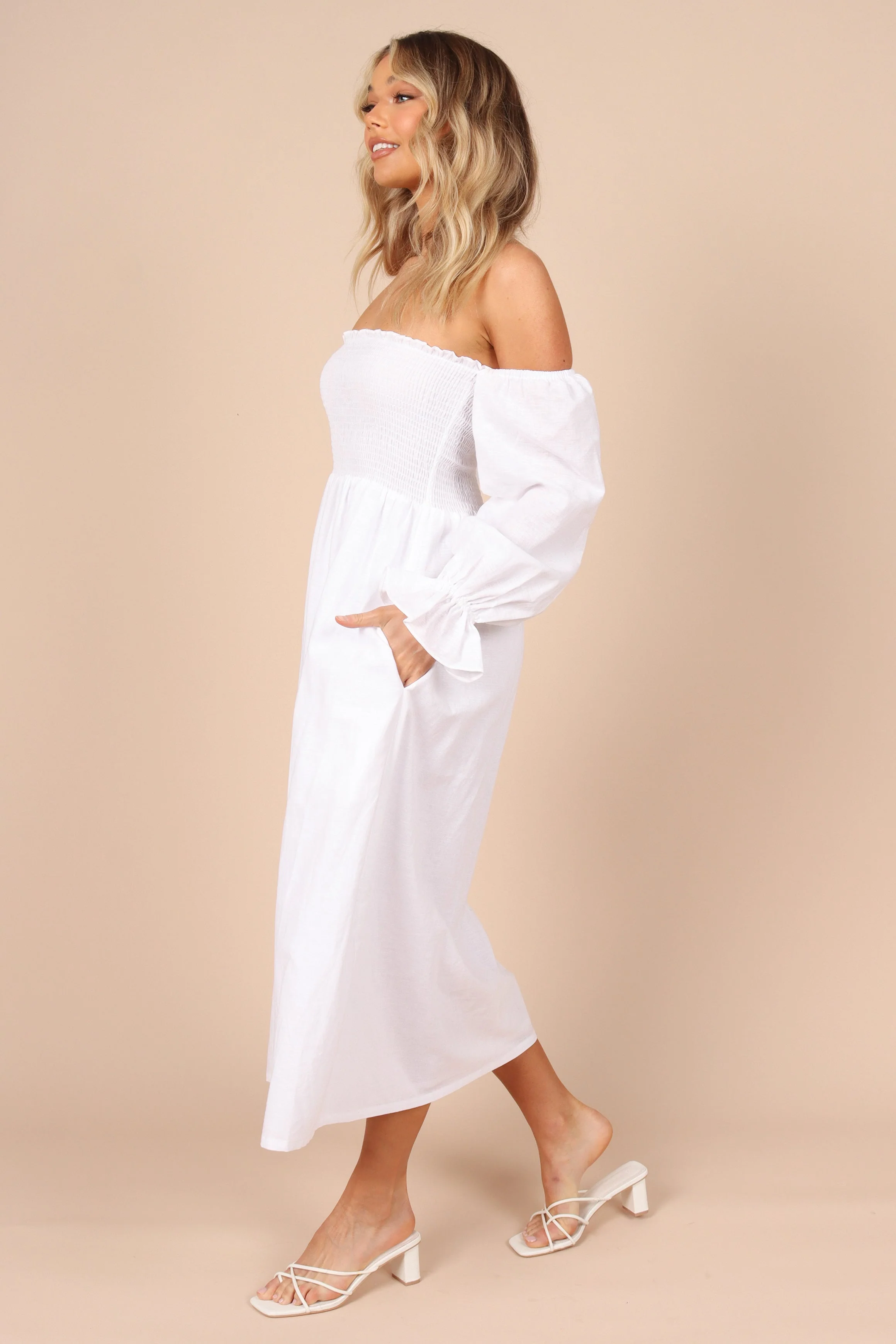 Domenica Shirred Long Sleeve Midi Dress - White