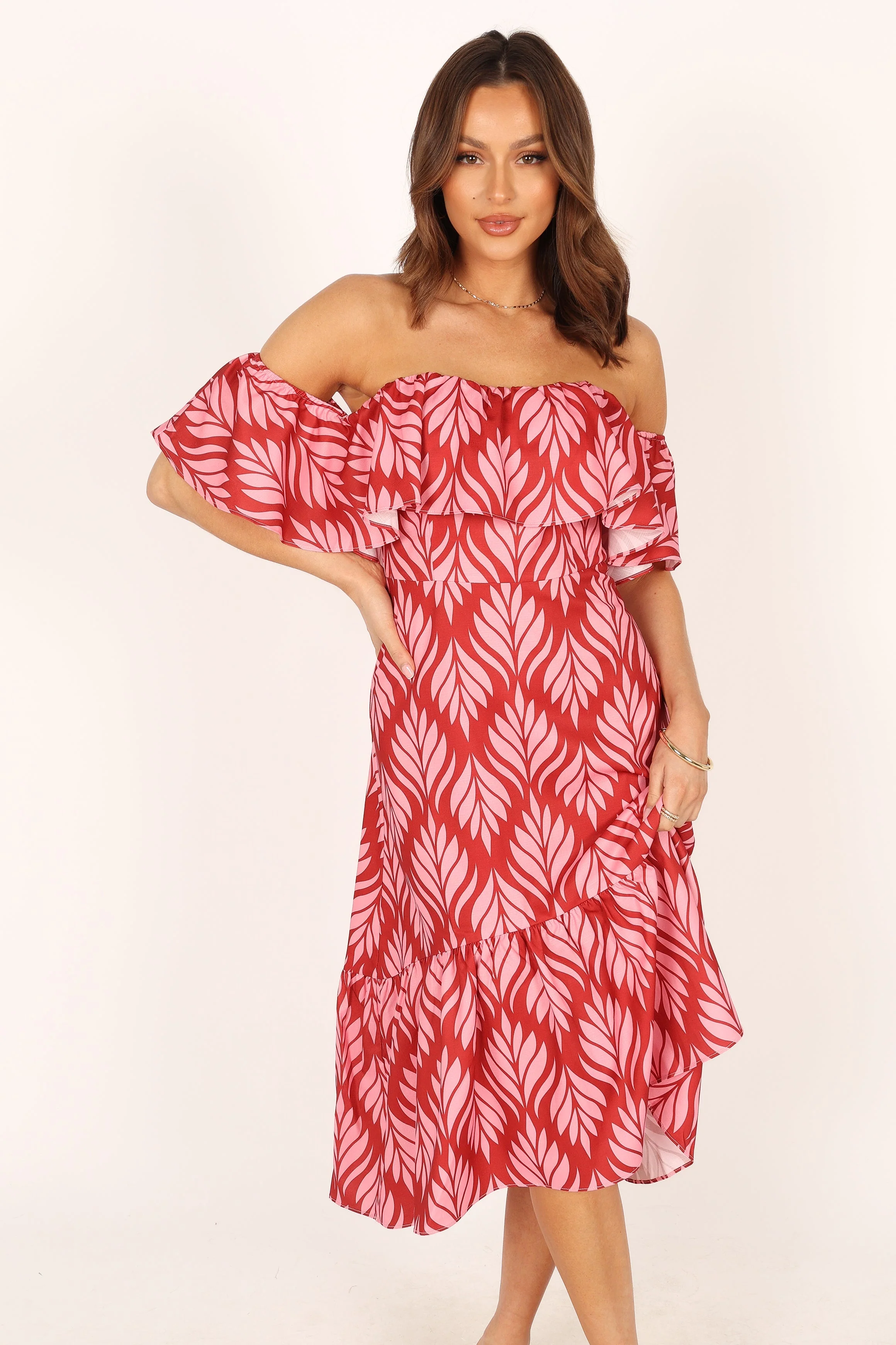 Neoma Strapless Midi Dress - Red Palm Print