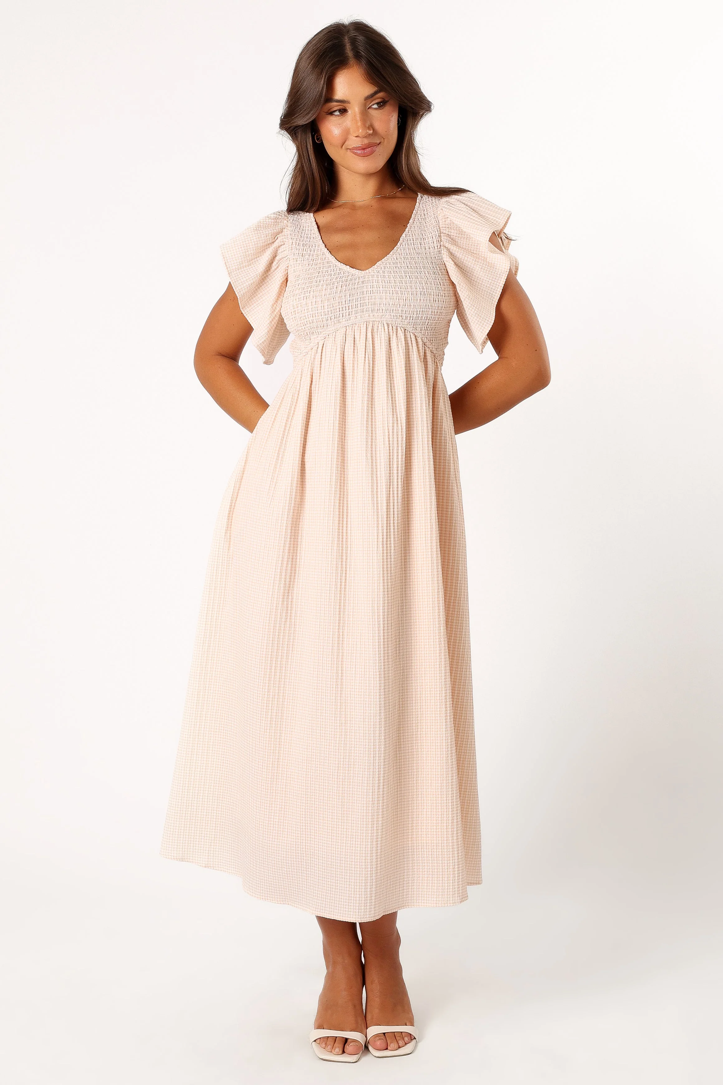Farley Flutter Sleeve Midi Dress - Tan Gingham