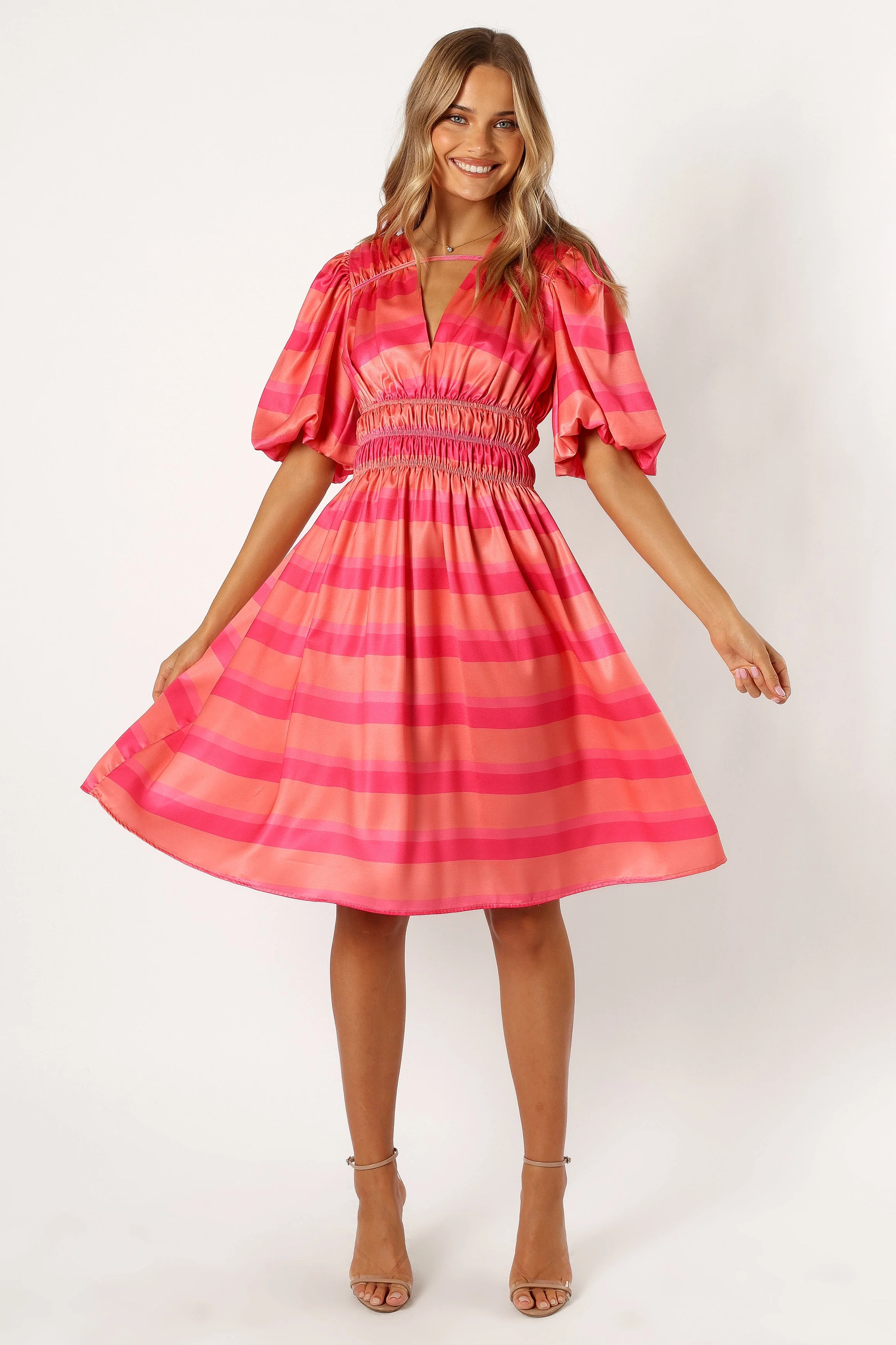 Lennon Puff Sleeve Midi Dress - Pink Orange