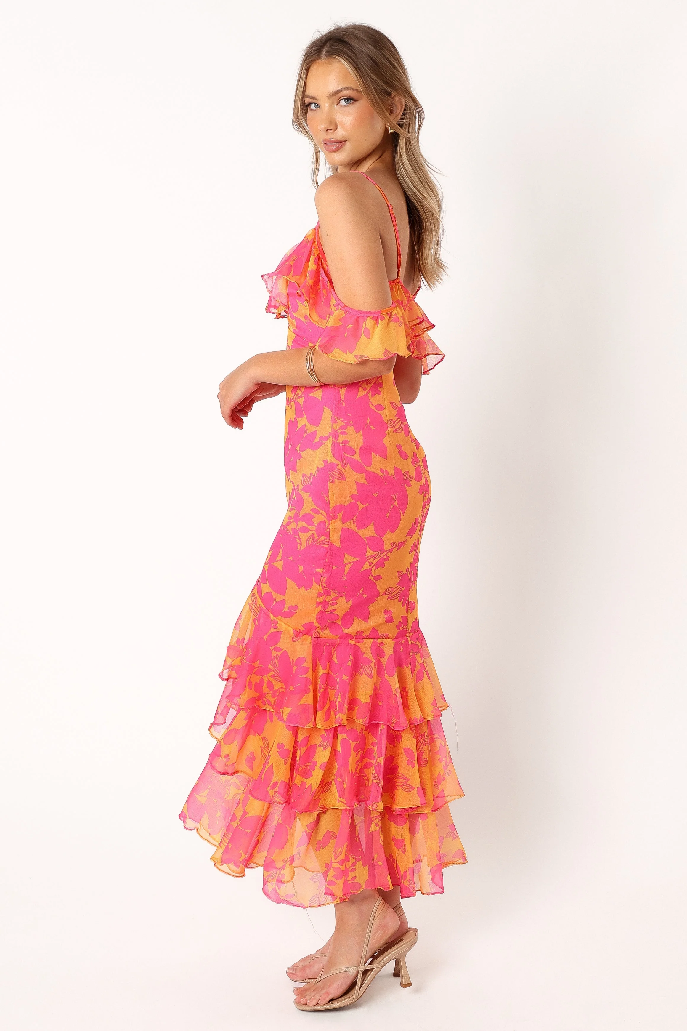 Leon Tiered Midi Dress - Pink Orange
