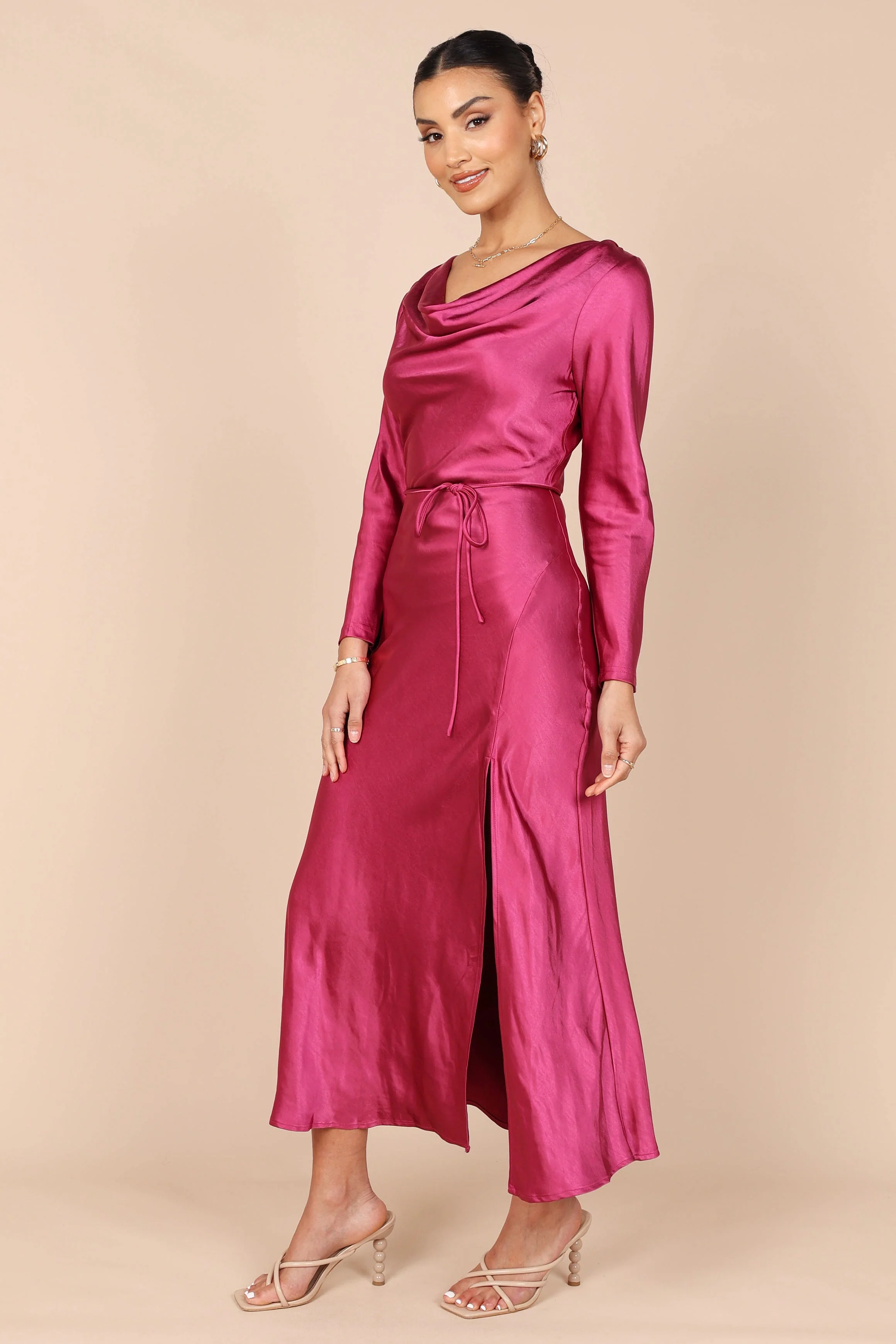 Patia Cowl Neck Long Sleeve Midi Dress - Fuchsia