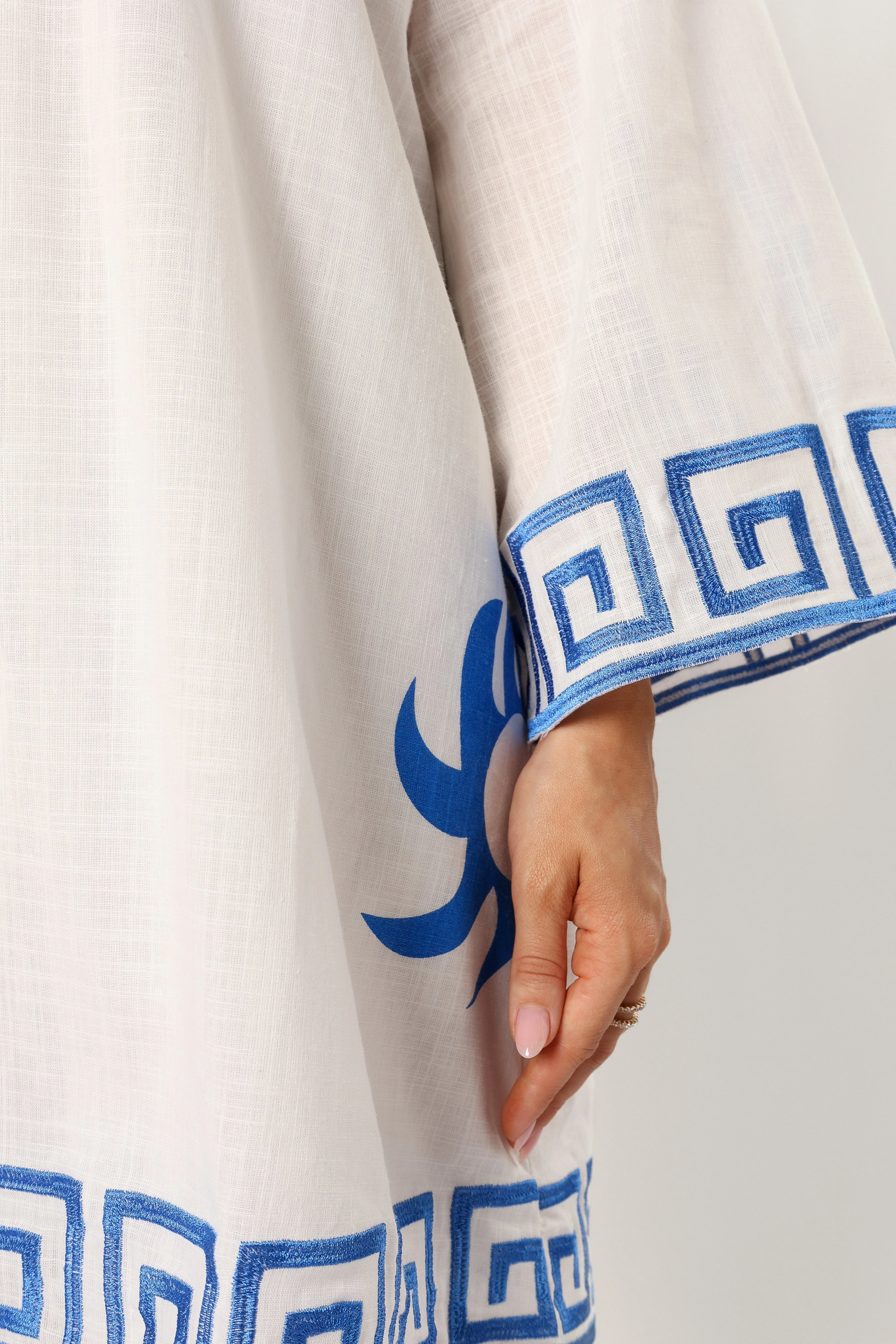 Bondi Long Sleeve Linen Mini Dress - White Blue