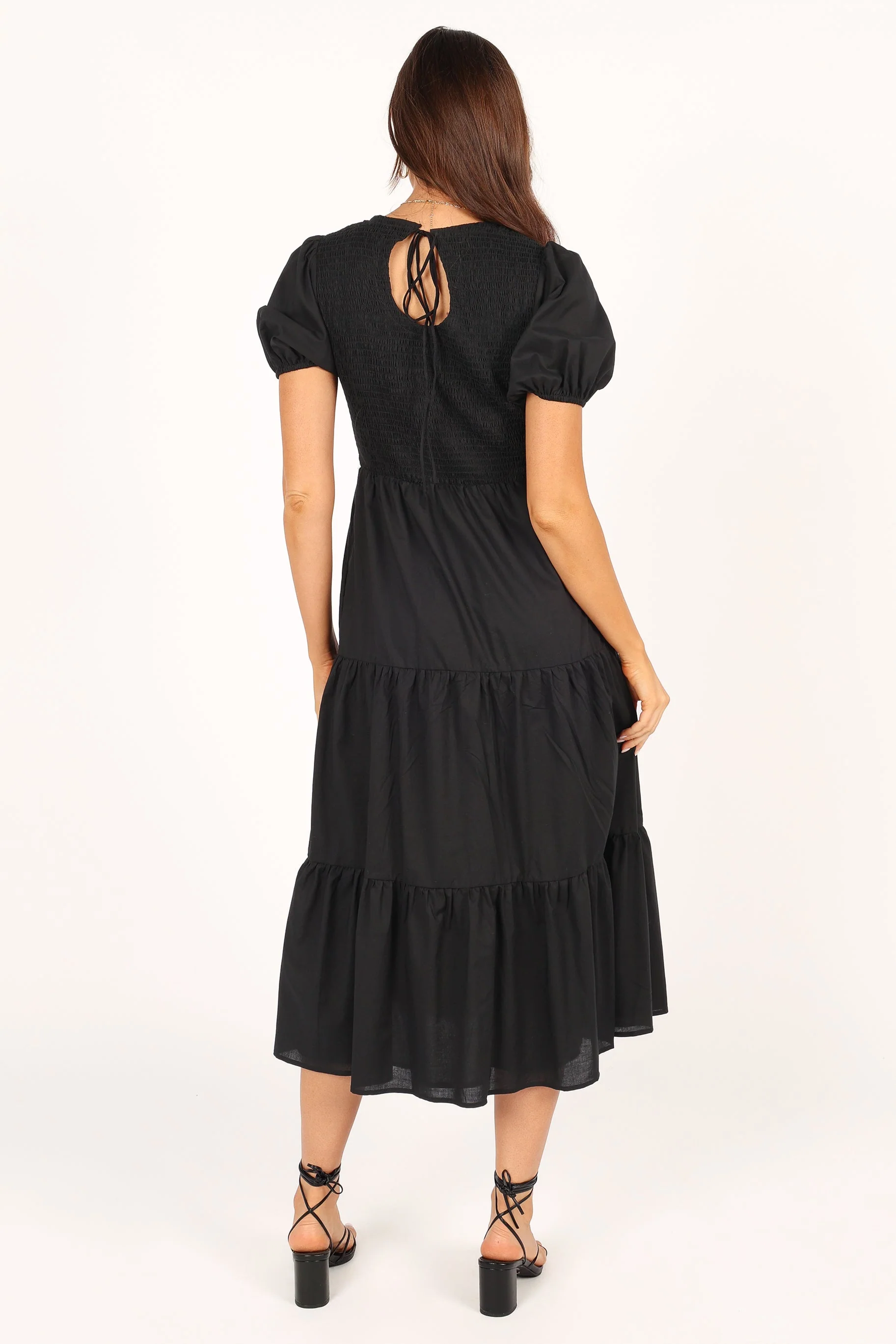 Naura Shirred Tiered Midi Dress - Black