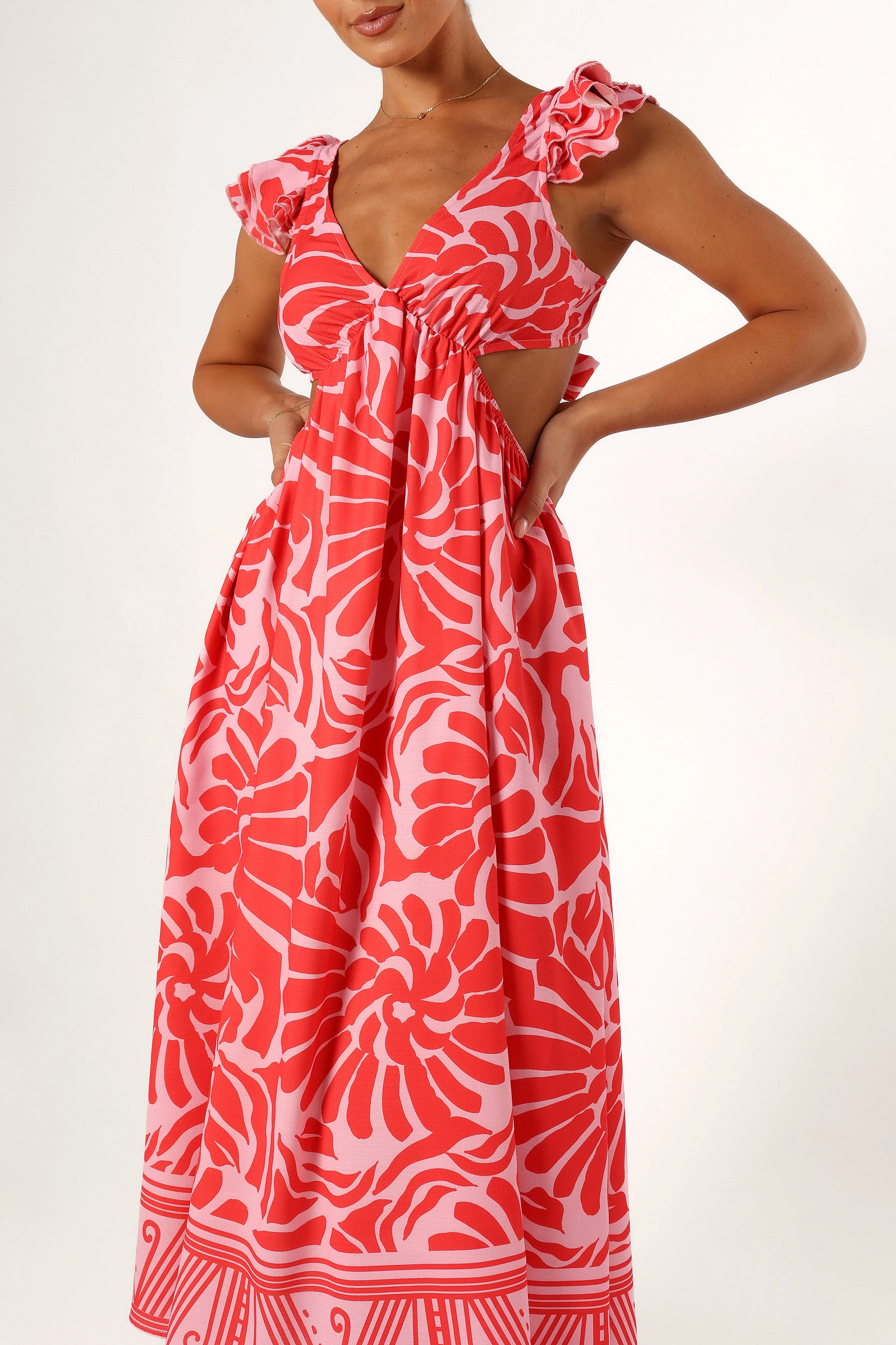 Denali Midi Dress - Red Pink Print