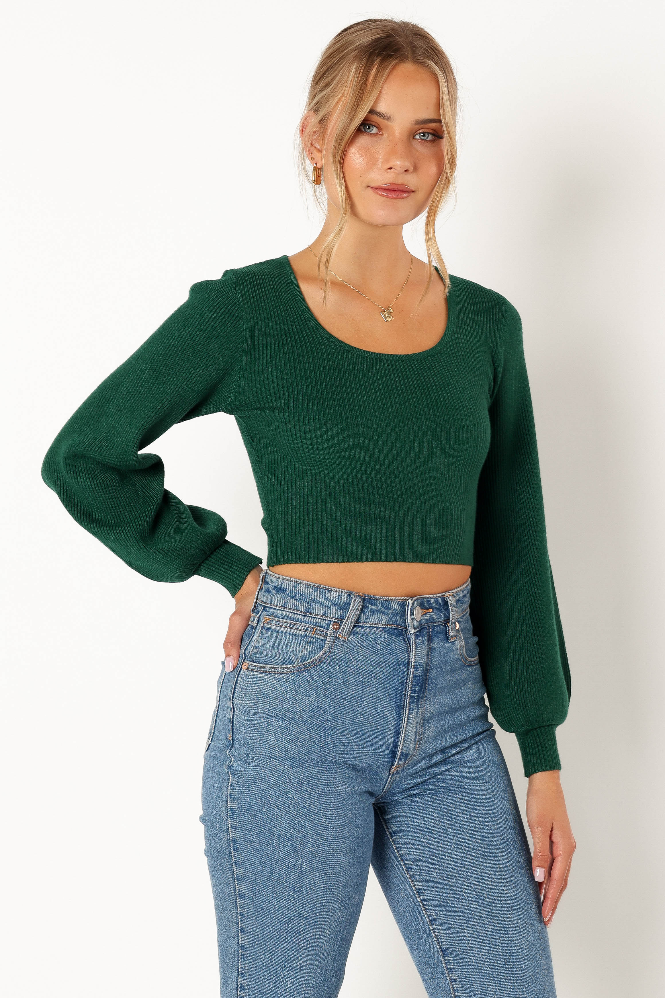 Daphne Crewneck Bubble Sleeve Knit Sweater - Dark Green