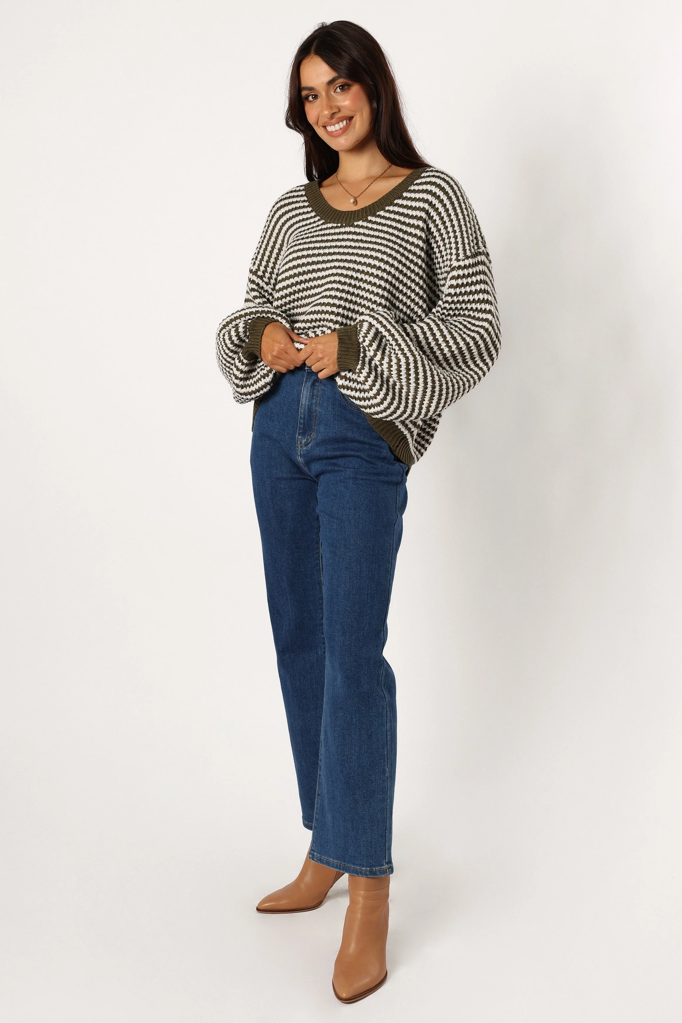 Becca Crewneck Waffle Stitch Stripe Knit Sweater - Olive