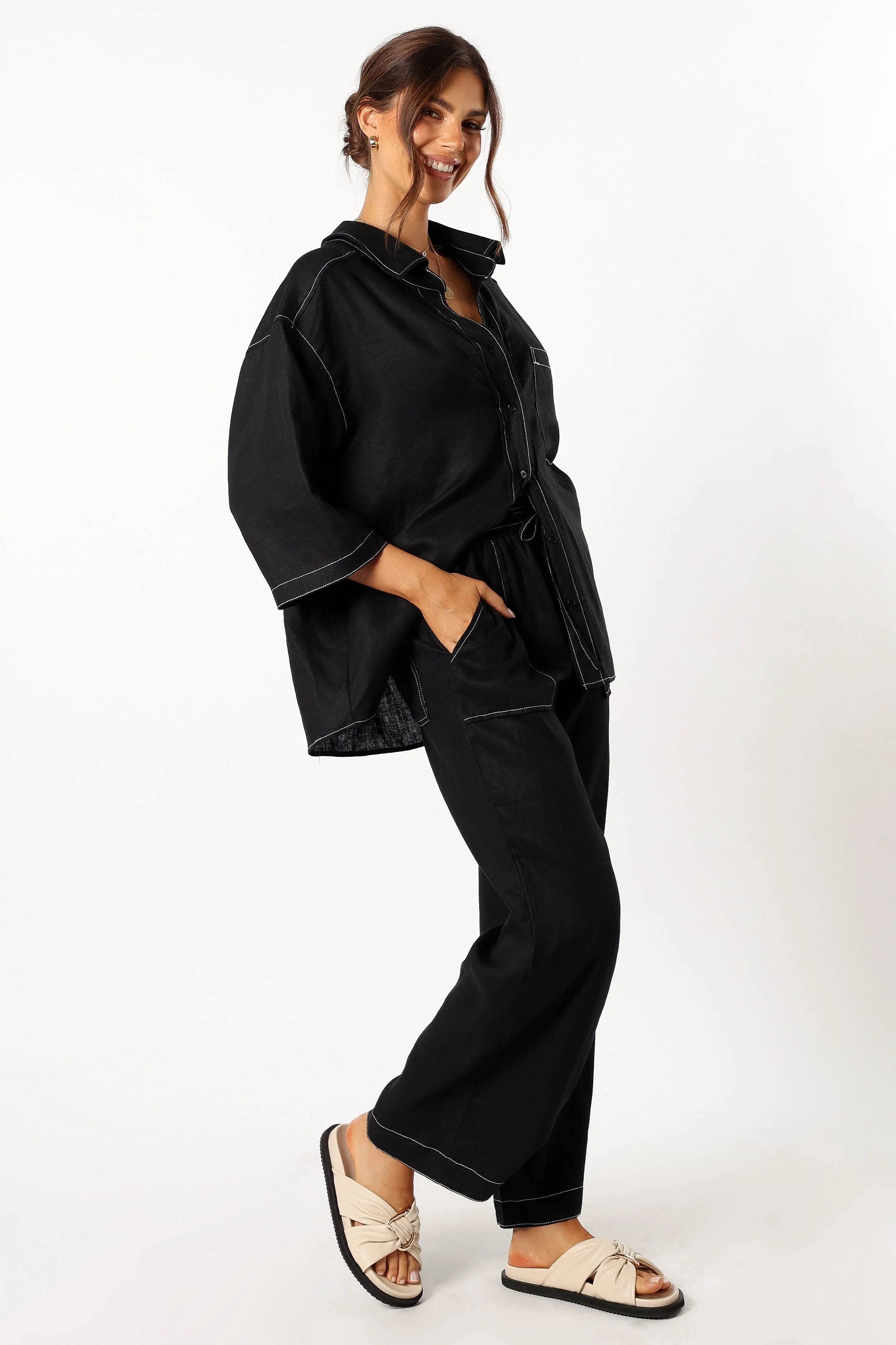 Sara Contrast Stitch Pants - Black