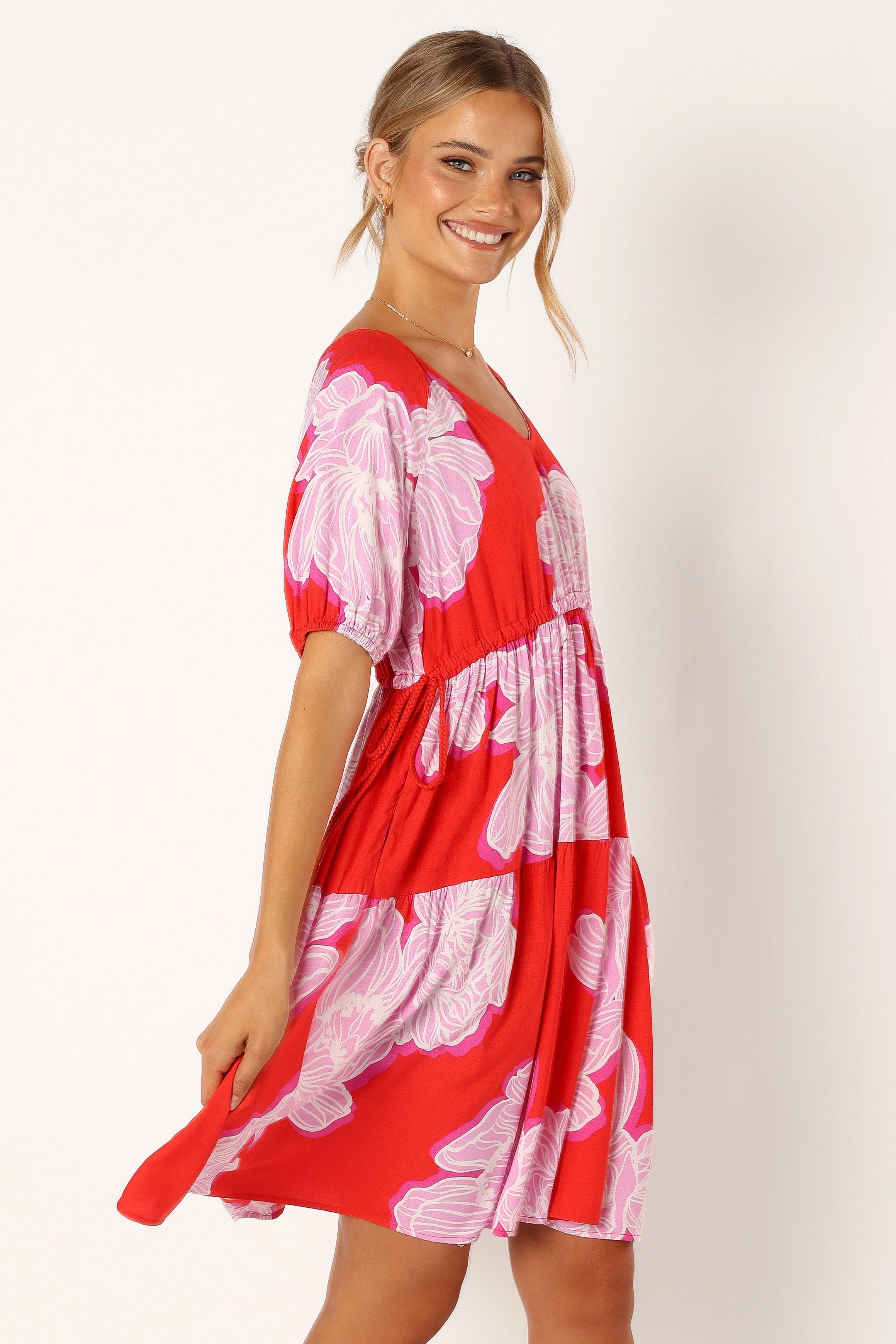 Syville Short Sleeve Mini Dress - Red Pink Floral