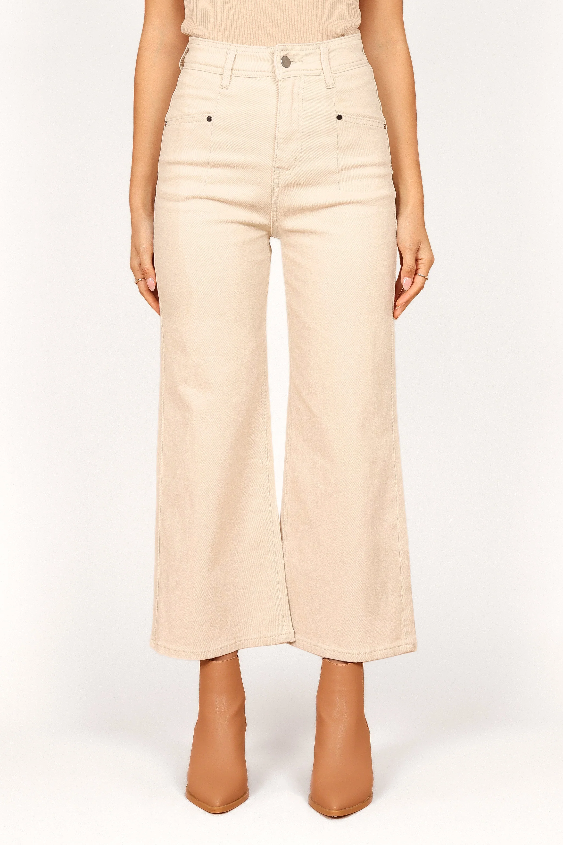 Georgette High Waisted Straight Leg Pants - Beige