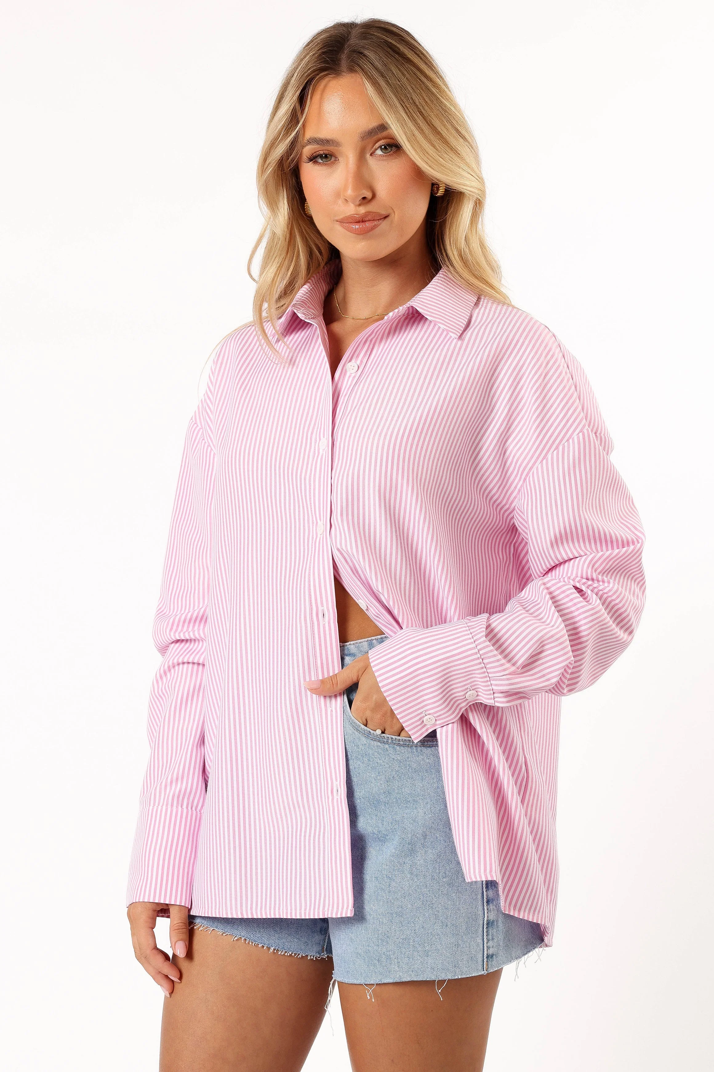 Murphy Button Up Long Sleeve Top - Pink Stripe
