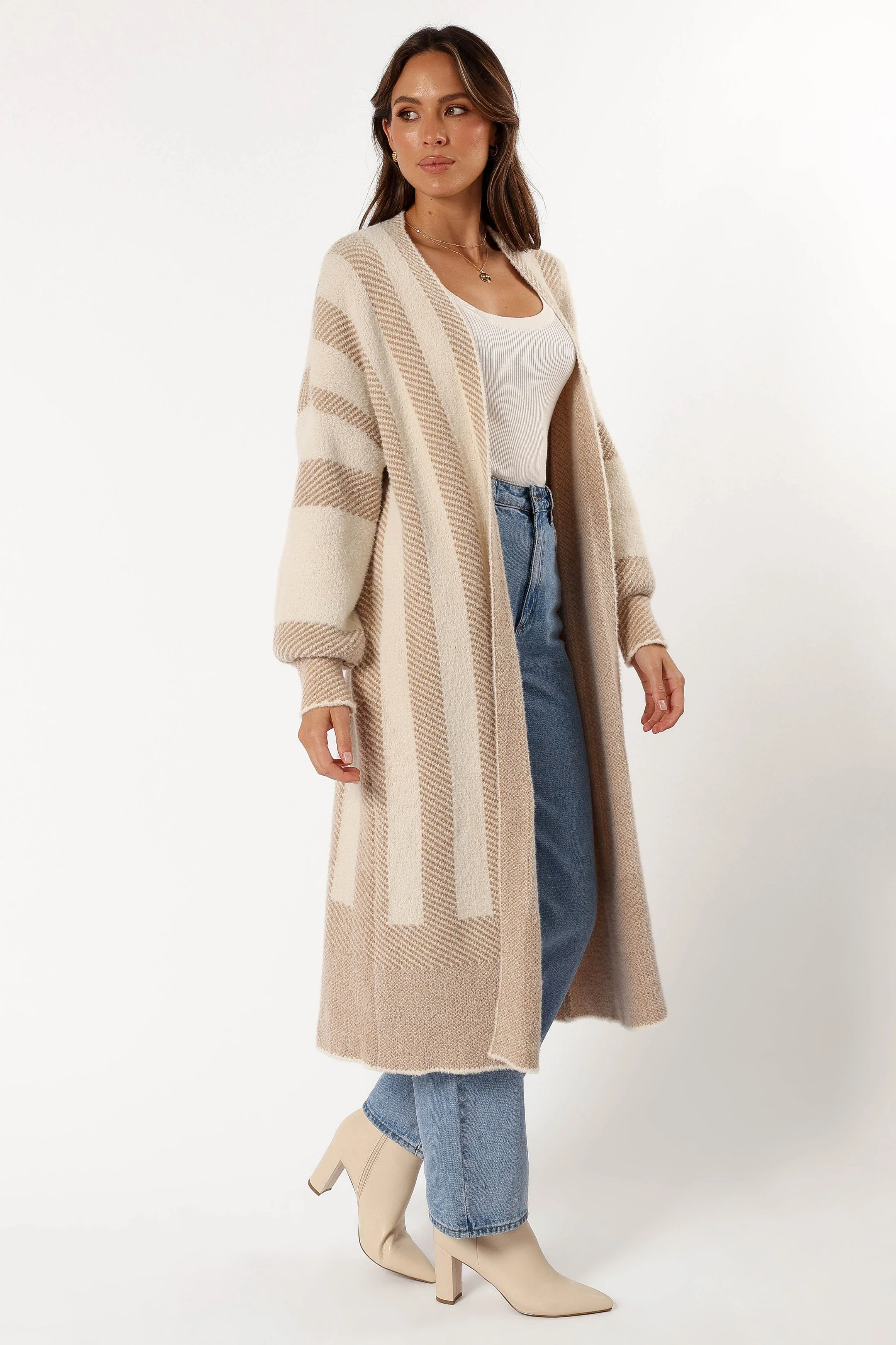 Anita Stripe Long Cardigan - Beige