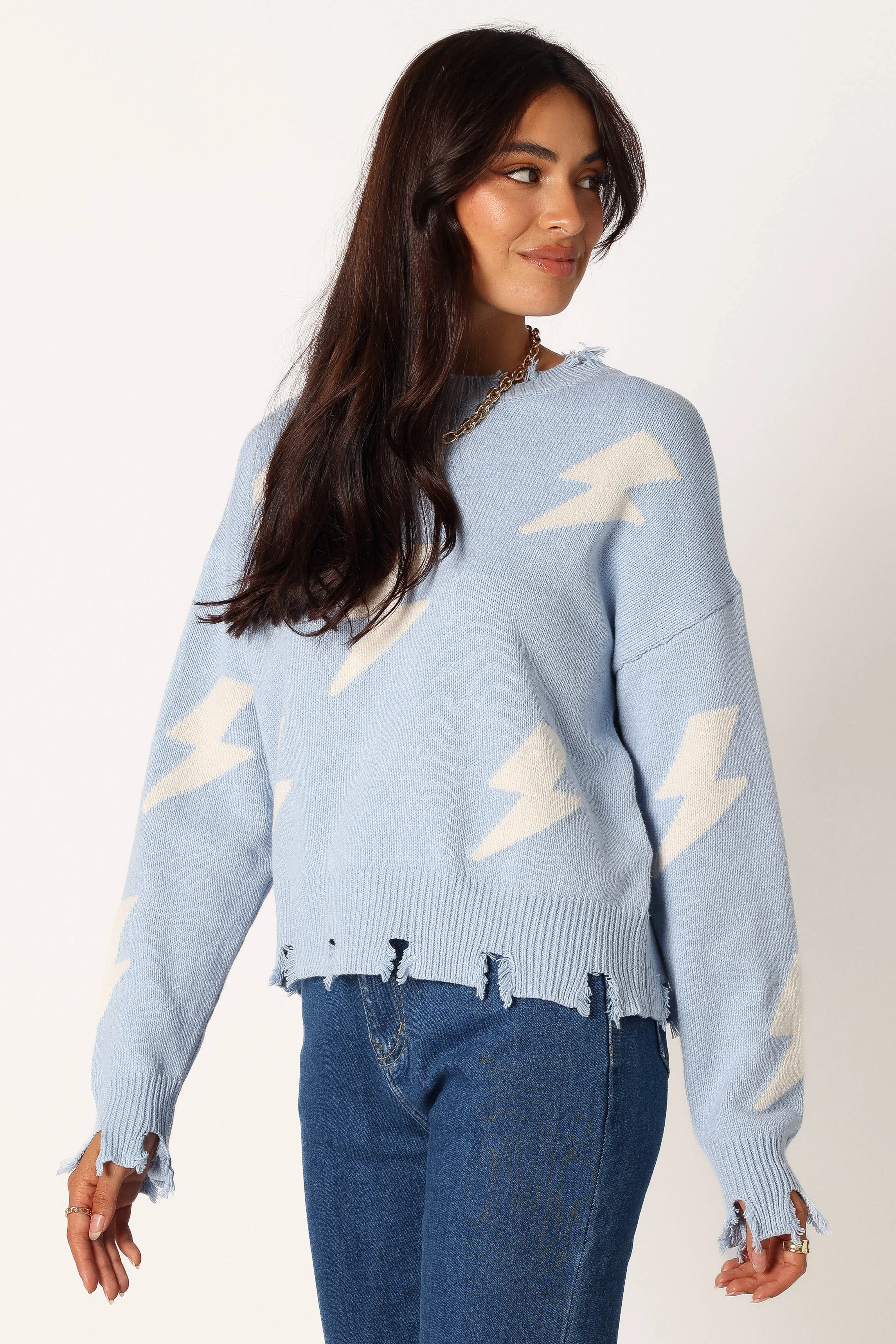 Lightning Bolt Printed Fray Detail Knit Sweater - Light Blue