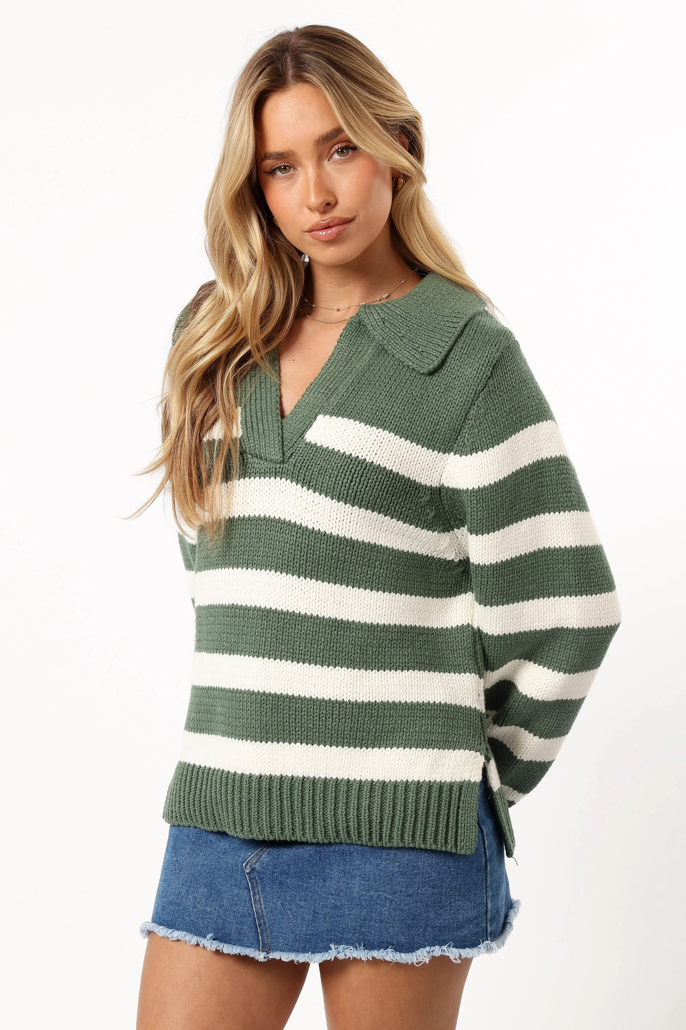 Shea Striped Collar Knit Sweater - Khaki White