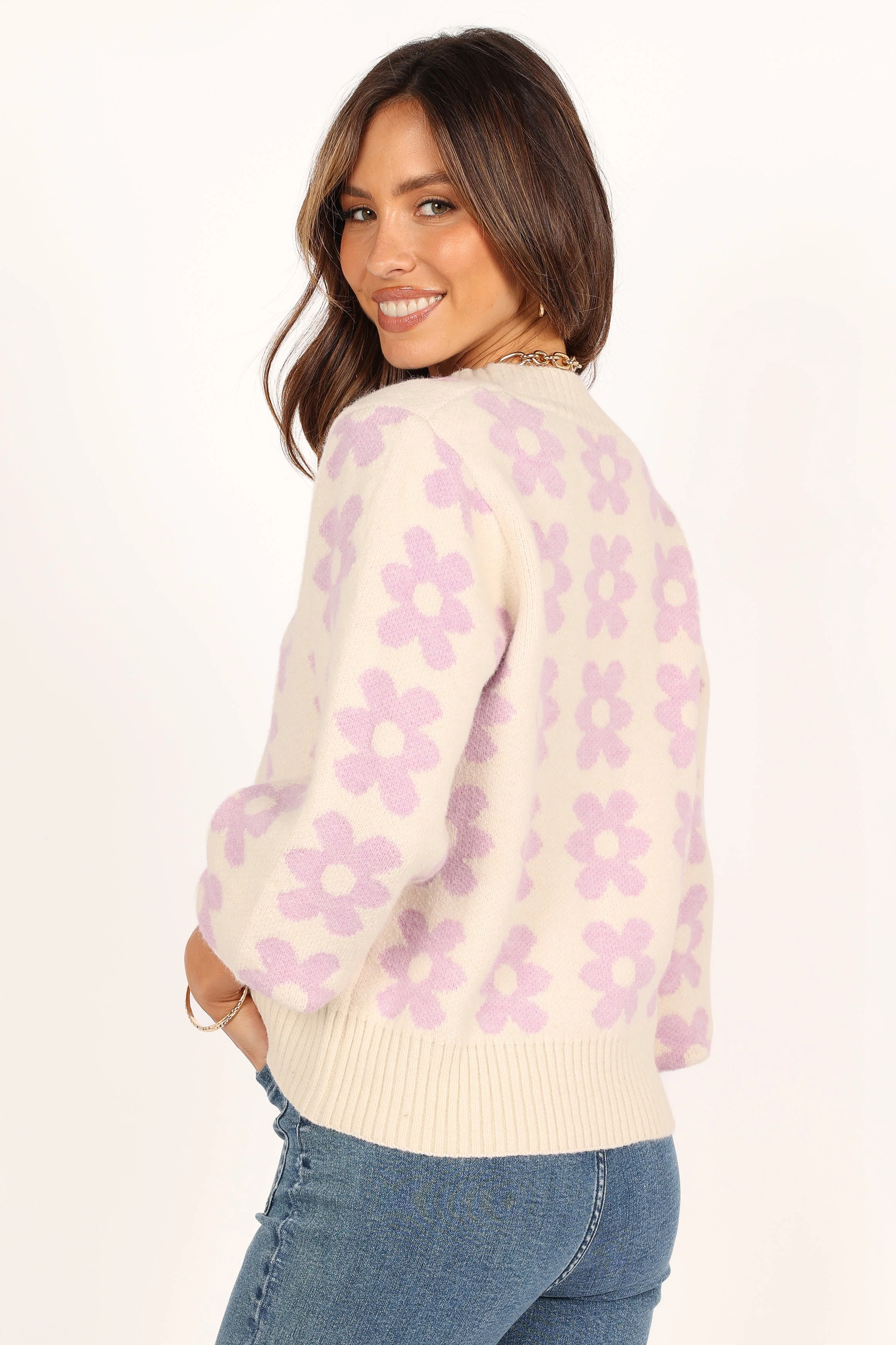 Remi Vneck Flower Knit Sweater - Lilac