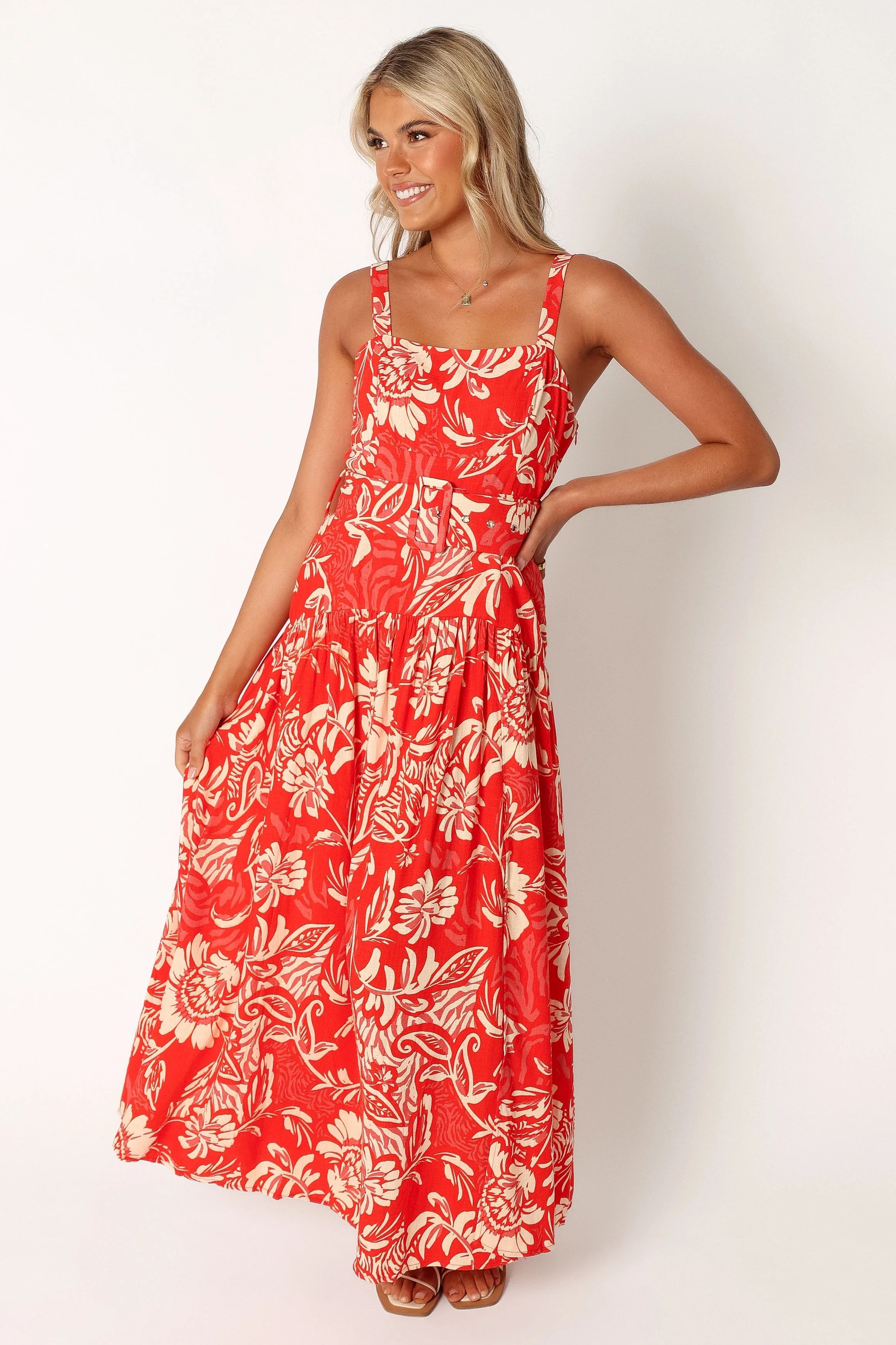 Loretta Belted Midi Dress - Red Floral