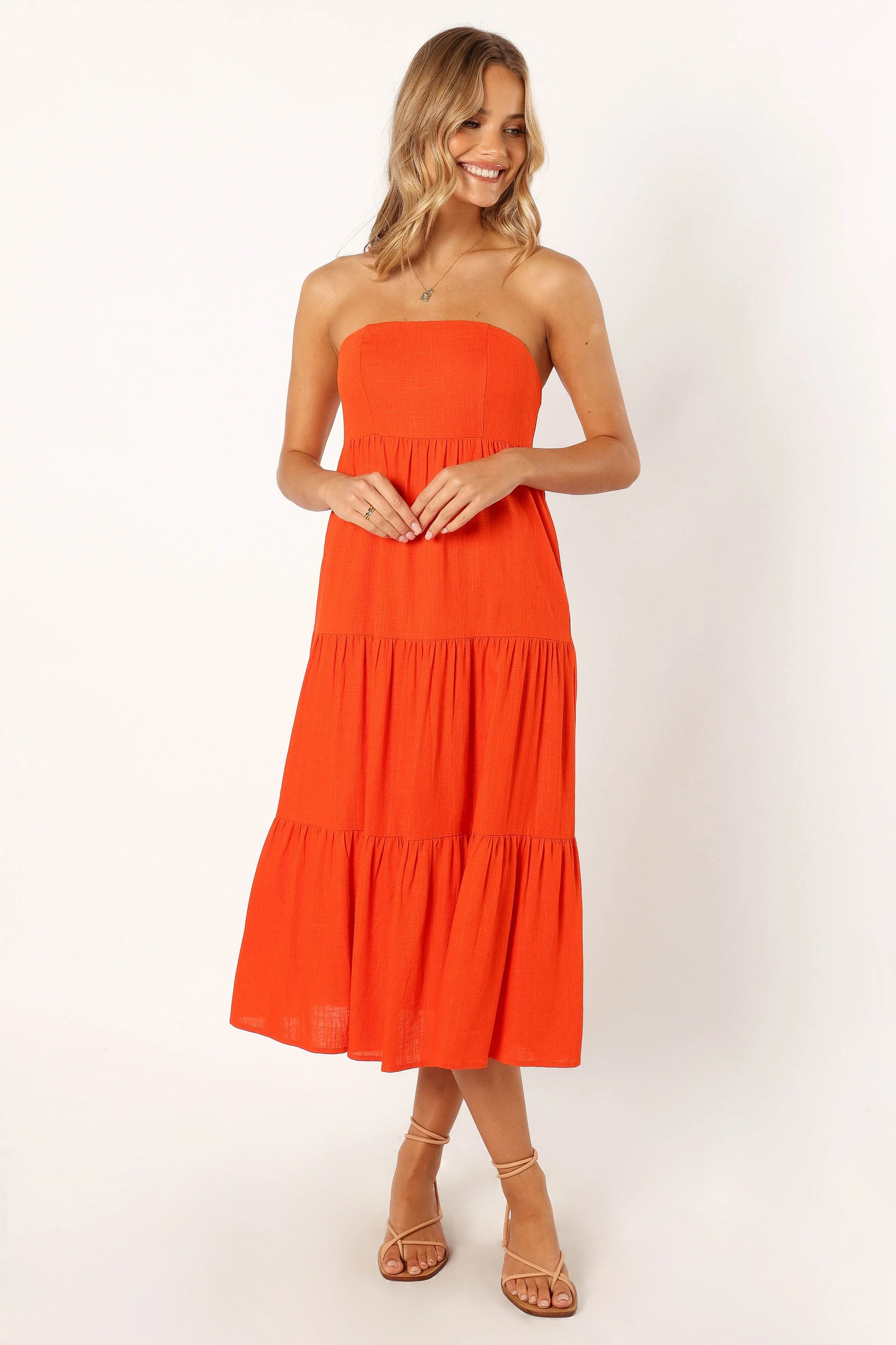 Tabi Strapless Midi Dress - Coral Red