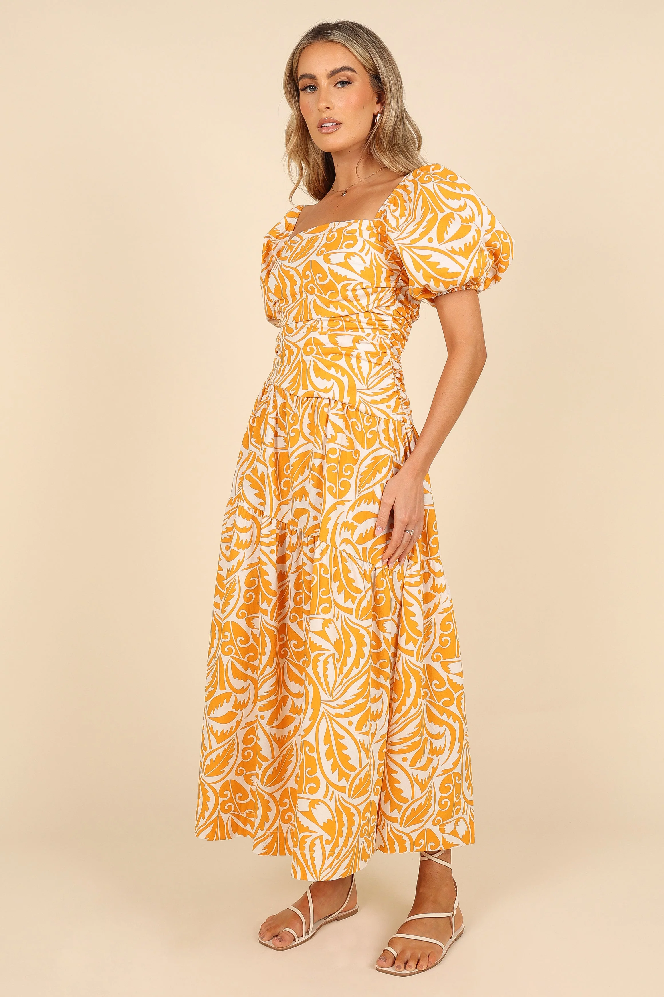 Gaylia Puff Sleeve Midi Dress - White/Orange