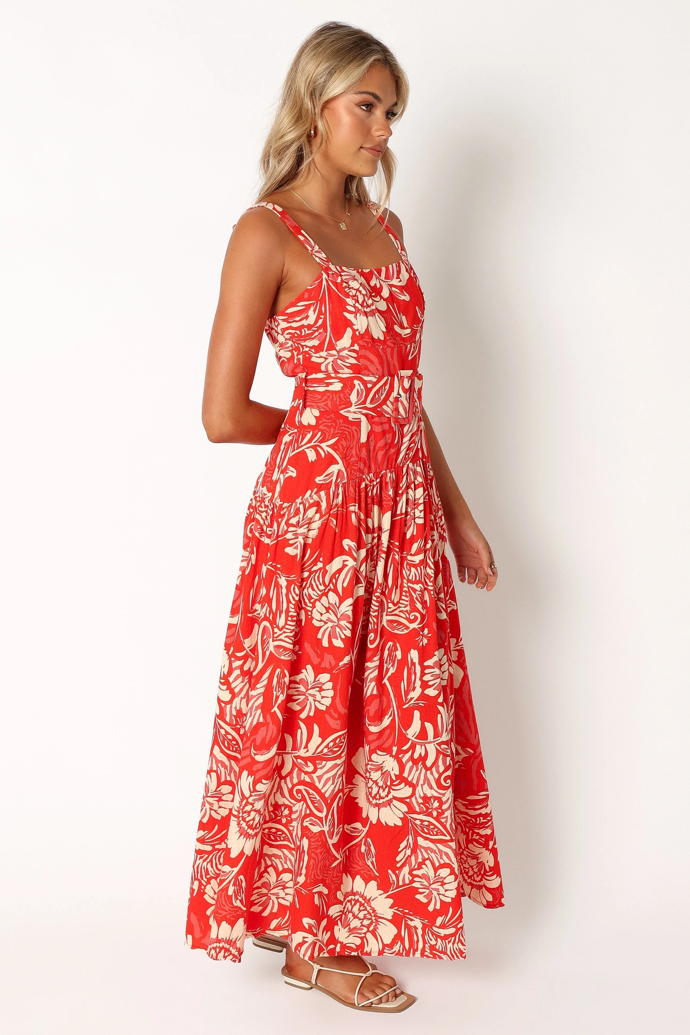Loretta Belted Midi Dress - Red Floral