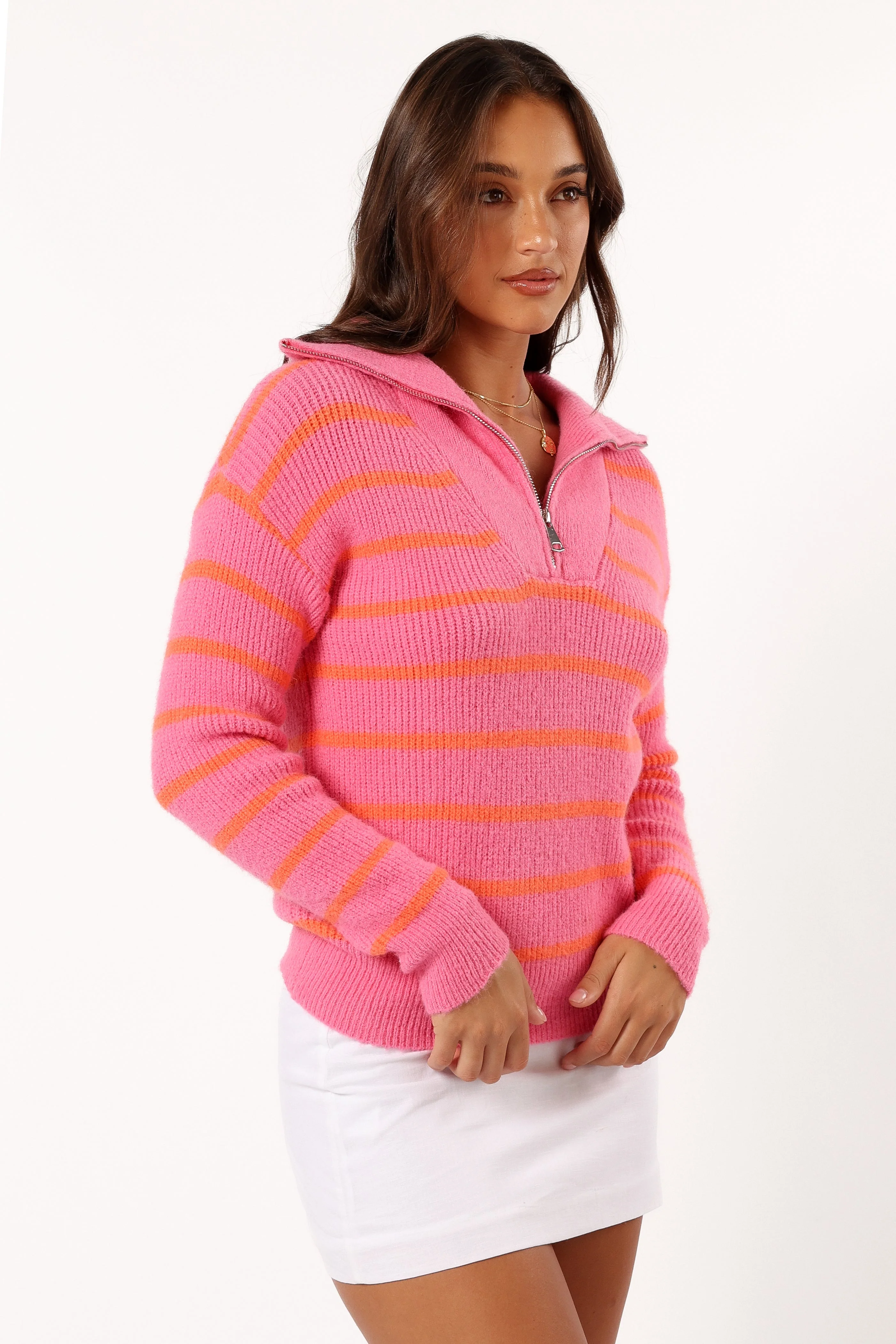 Everleigh Quarter Zip Striped Knit Sweater - Pink