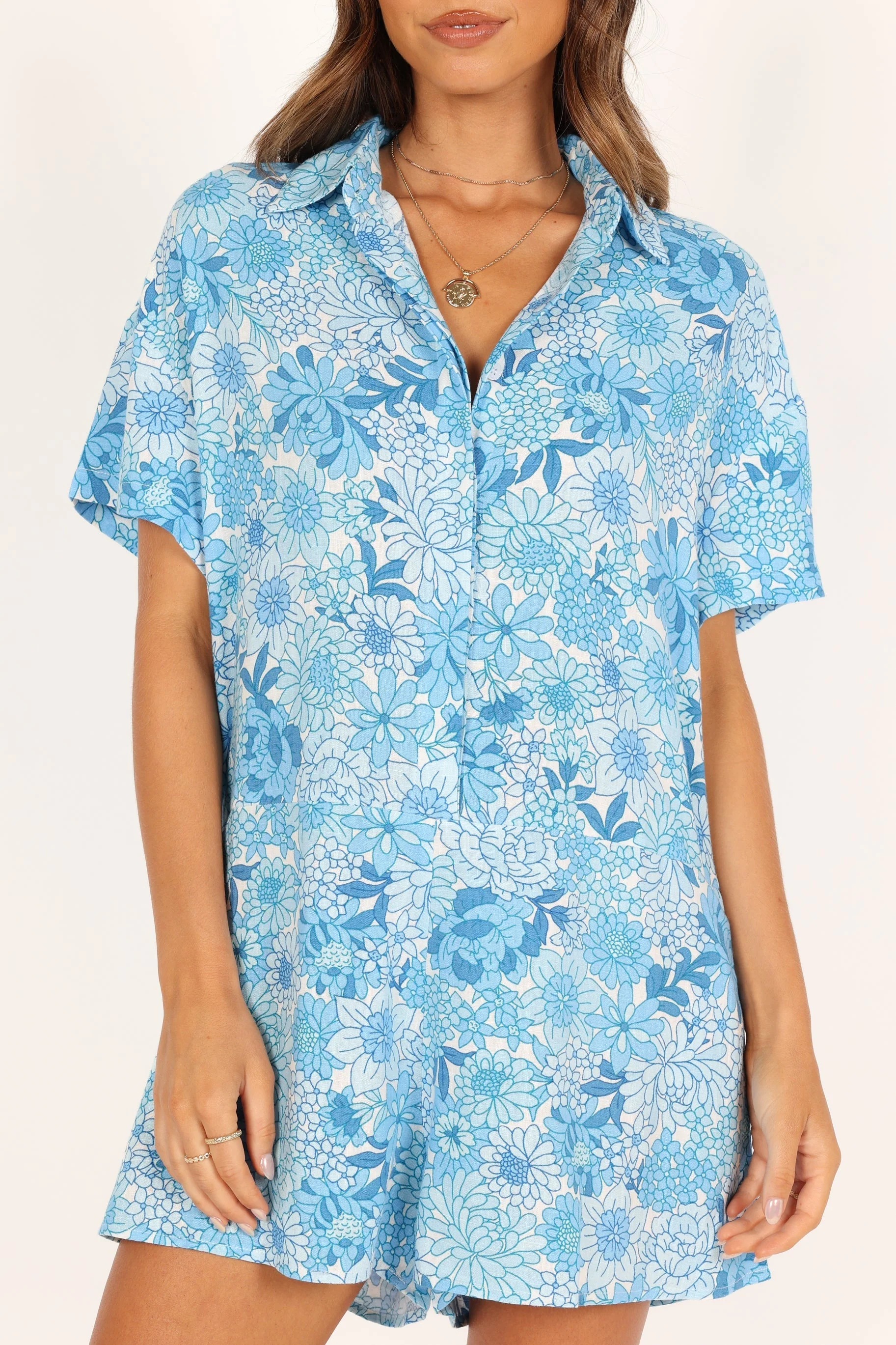 Emily Button Through Playsuit - Blue Floral