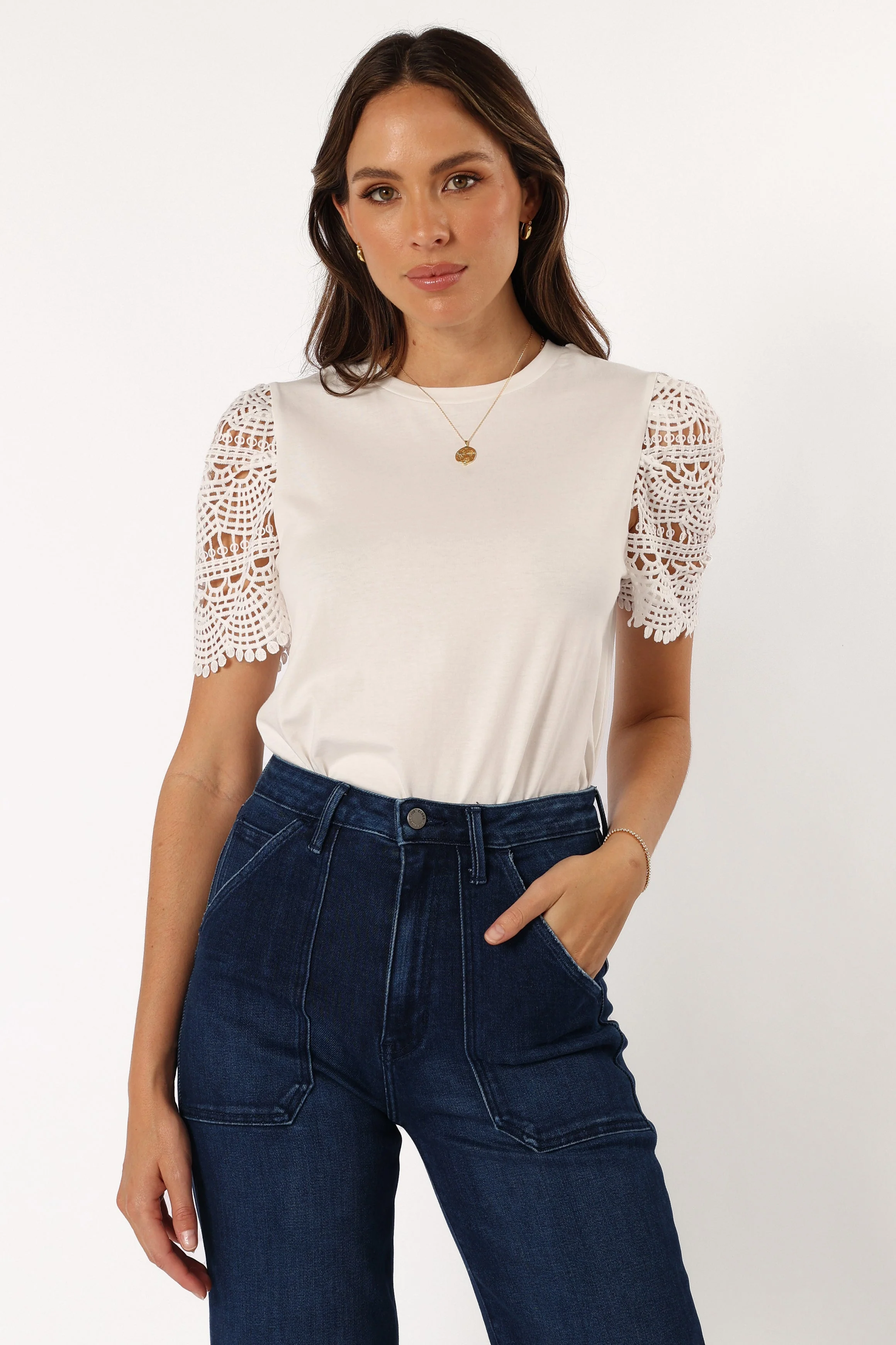 Perla Crochet Sleeve Top - White