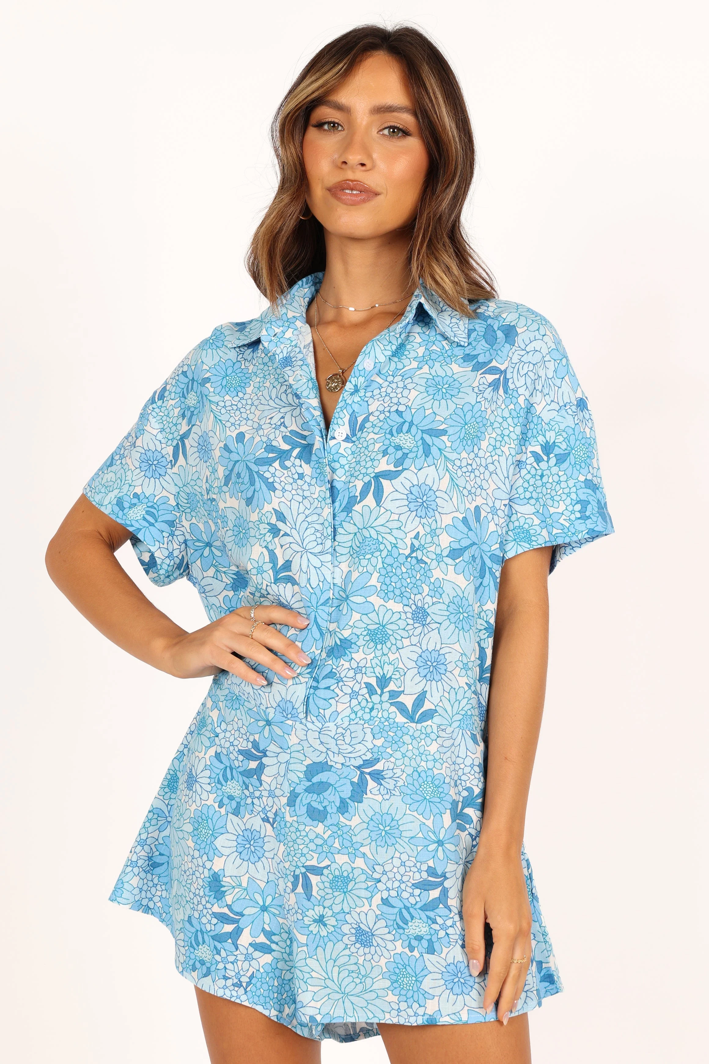 Emily Button Through Playsuit - Blue Floral