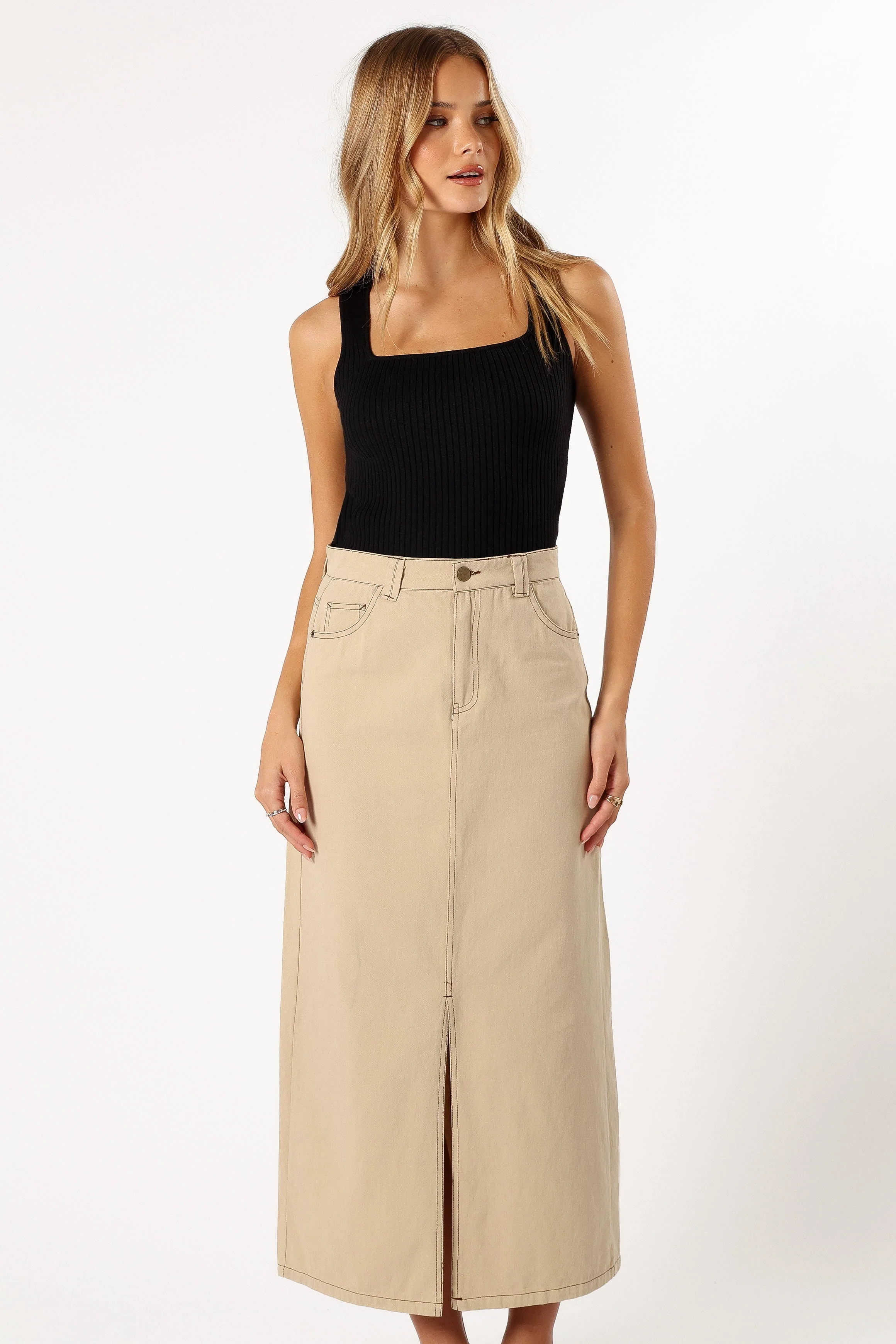 Mila Midi Denim Skirt - Beige